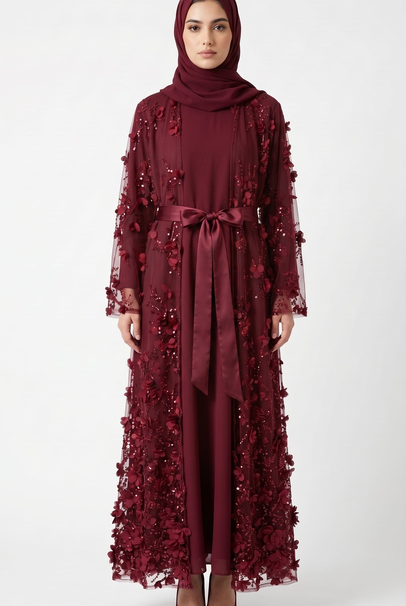 Burgundy 3D Floral Sequin Embellished Open Abaya with Satin Belt - Image 7