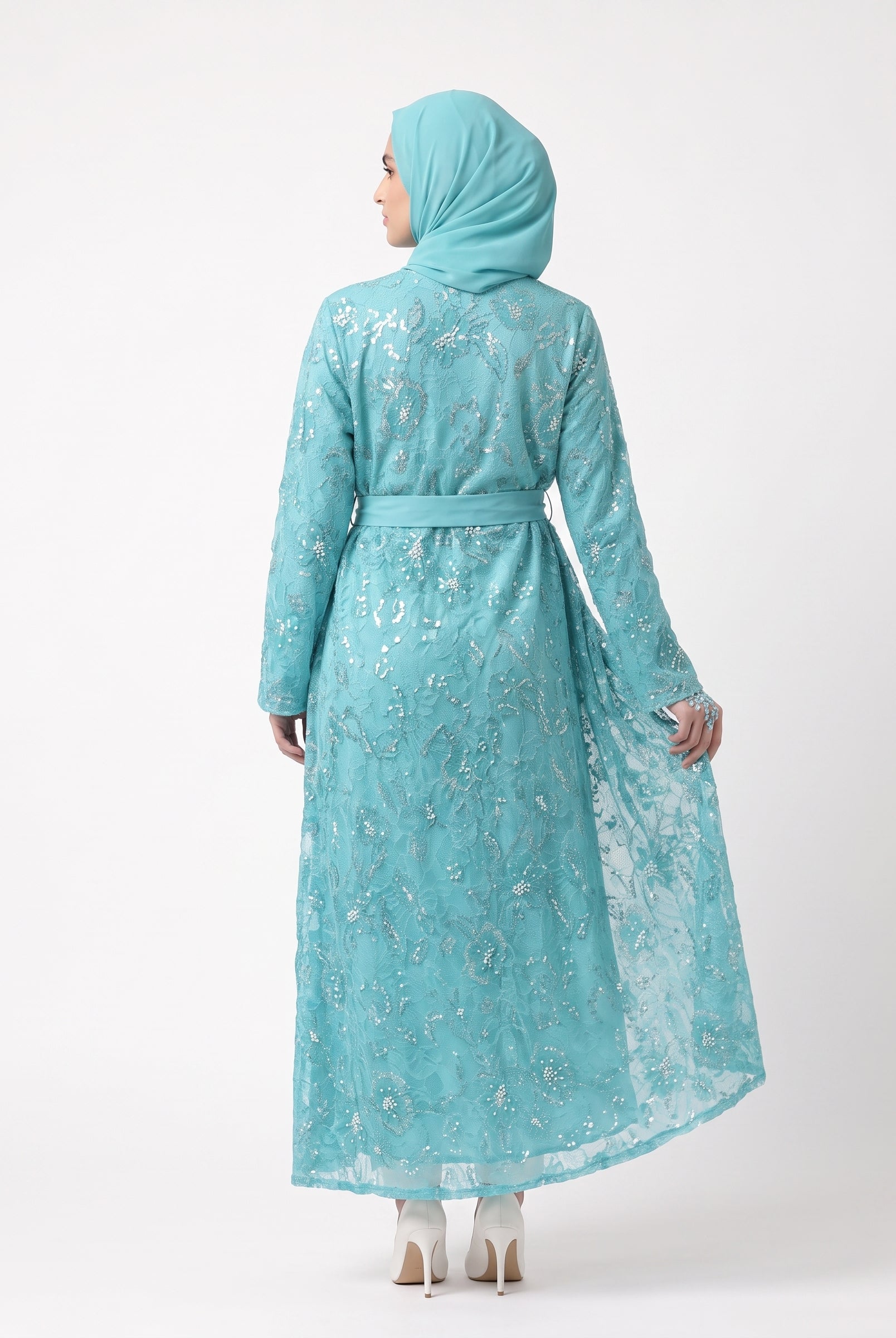 Luxury Floral Embellished Open Abaya with Satin Belt - For Women - Image 3
