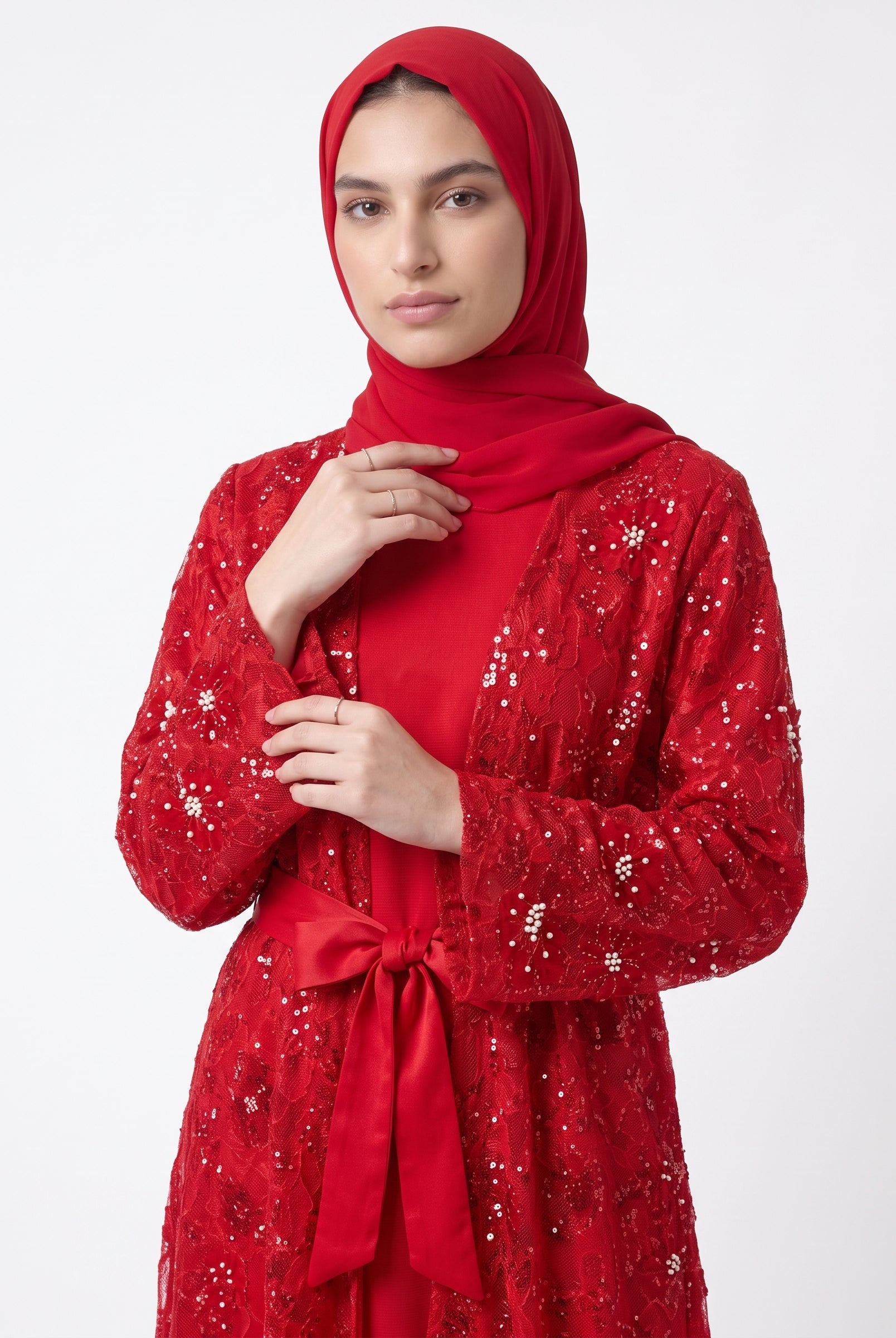 Elegant Embroidered Open Abaya with Satin Belt - For Women - Image 5