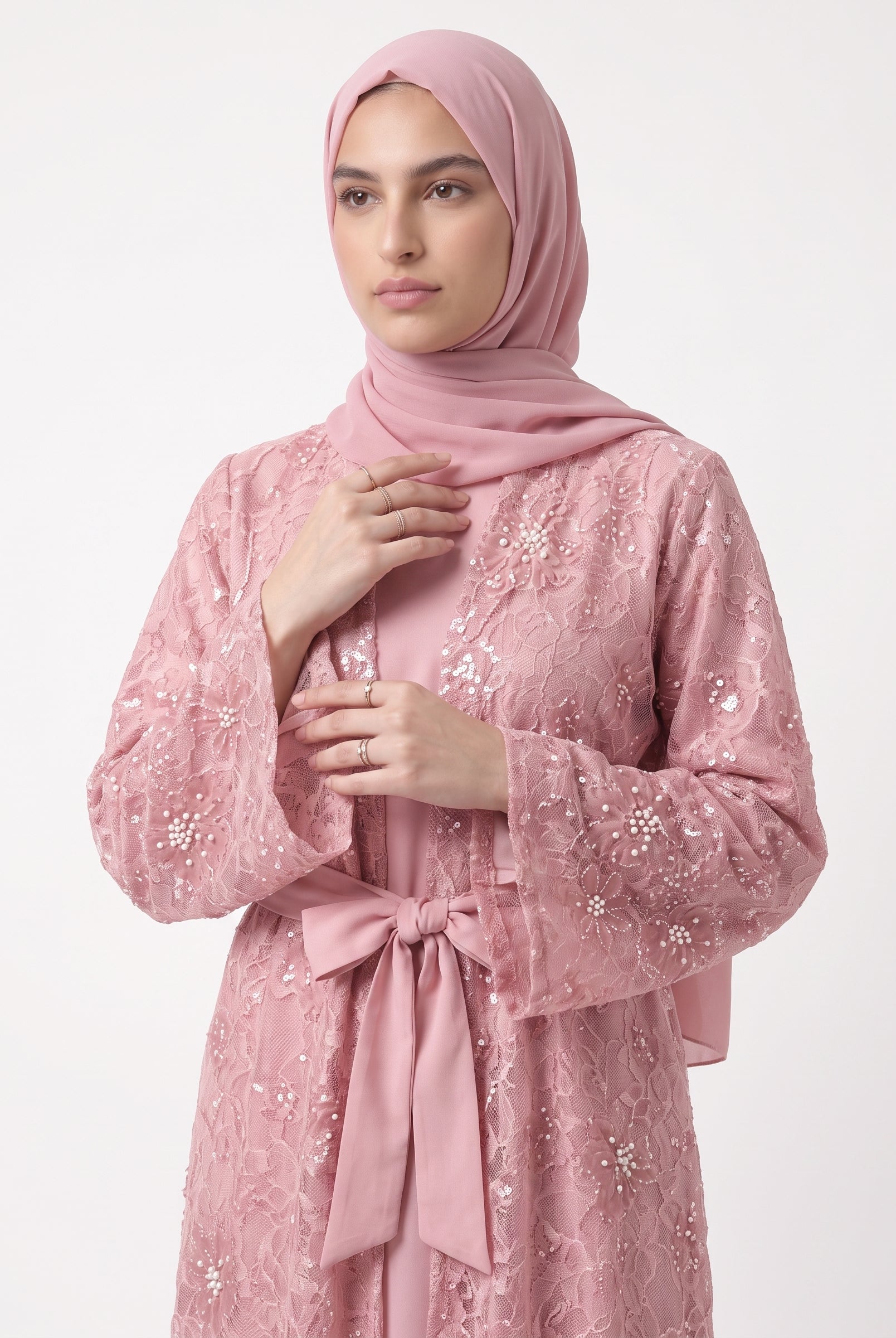 Luxury Statement Open Abaya with Satin Belt - For Women - Image 5