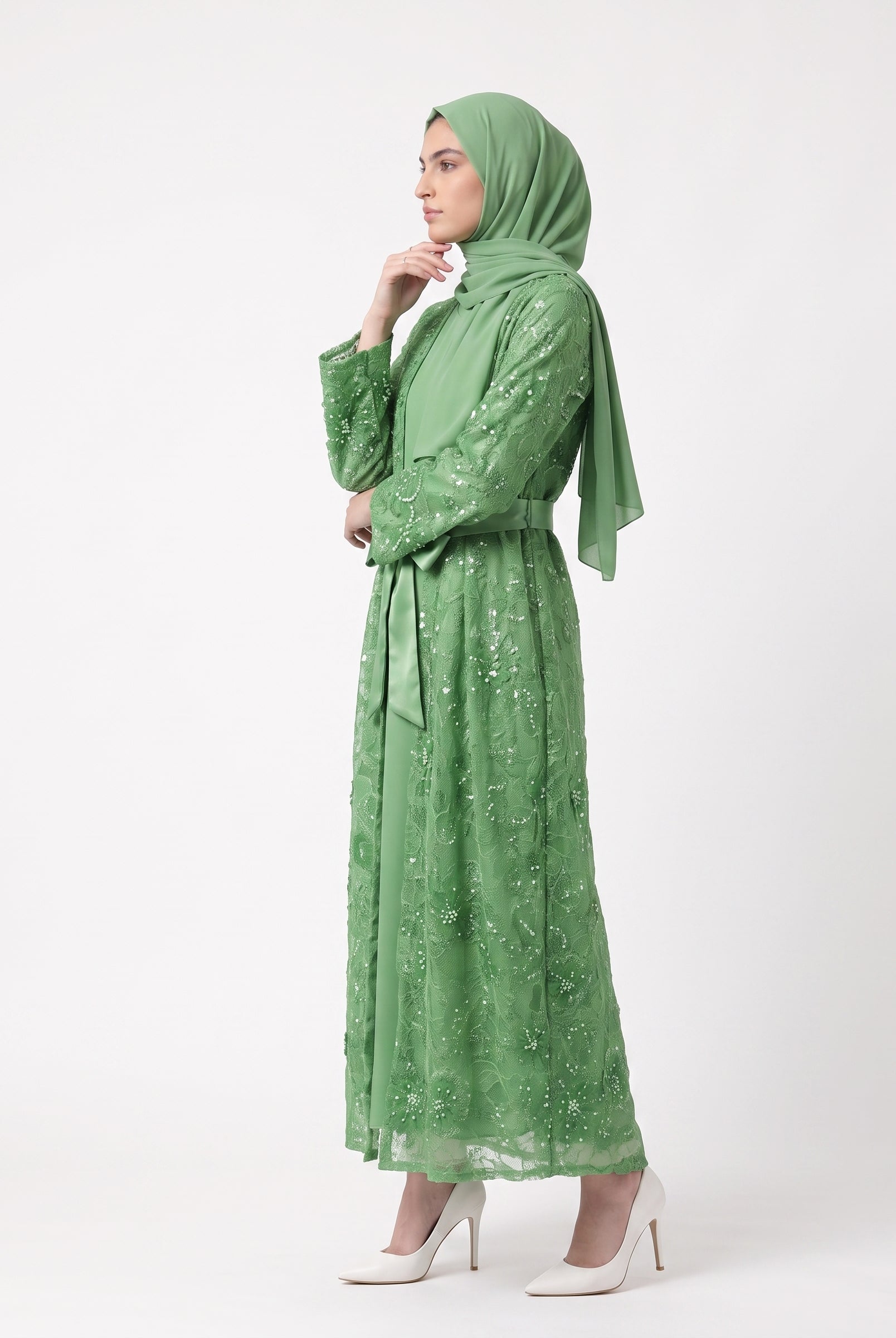Classic Floral Open Abaya with Satin Belt - For Women - Image 1