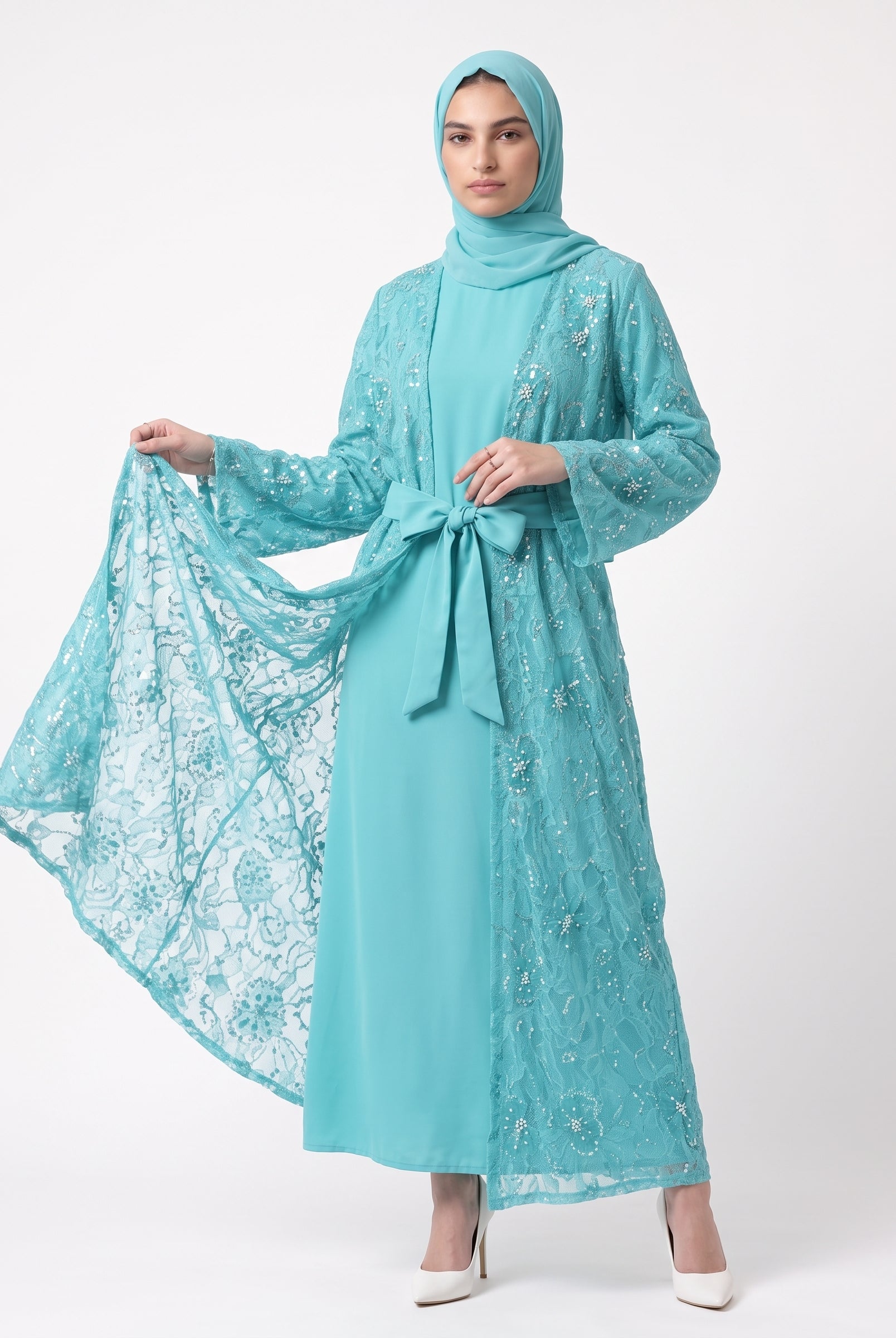 Luxury Floral Embellished Open Abaya with Satin Belt - For Women - Image 6
