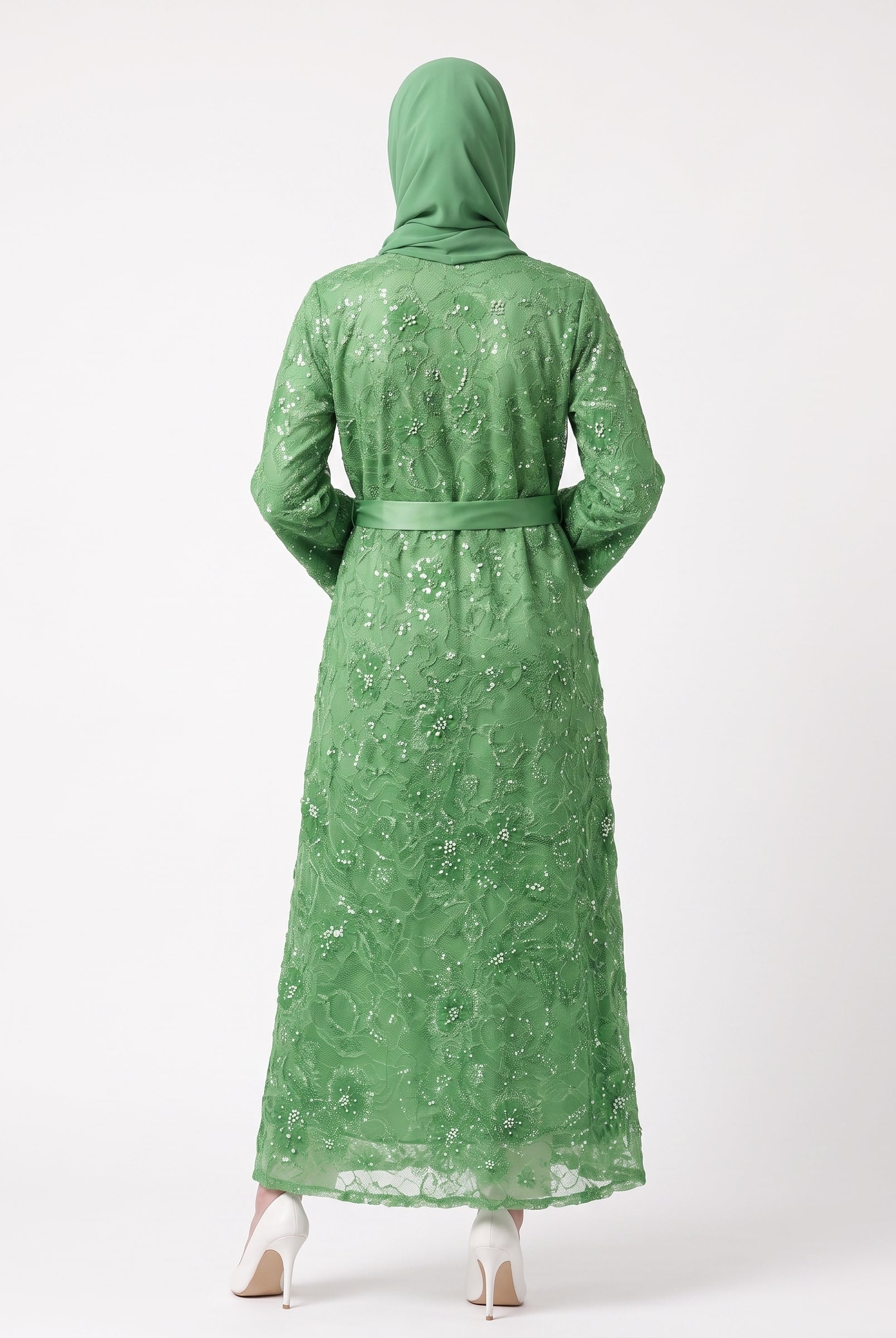 Classic Floral Open Abaya with Satin Belt - For Women - Image 3