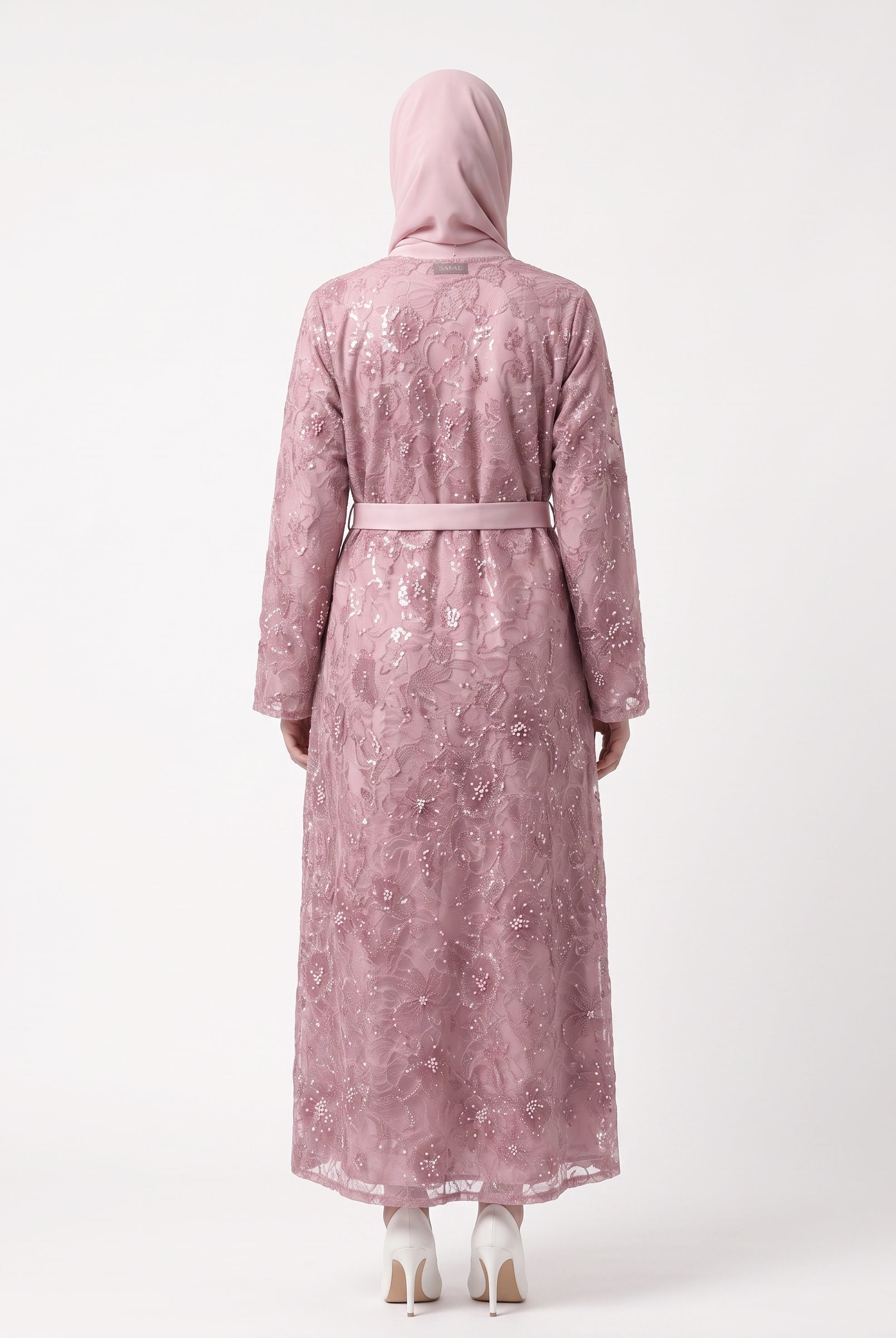 Premium Floral Open Abaya with Satin Belt - For Women - Image 3
