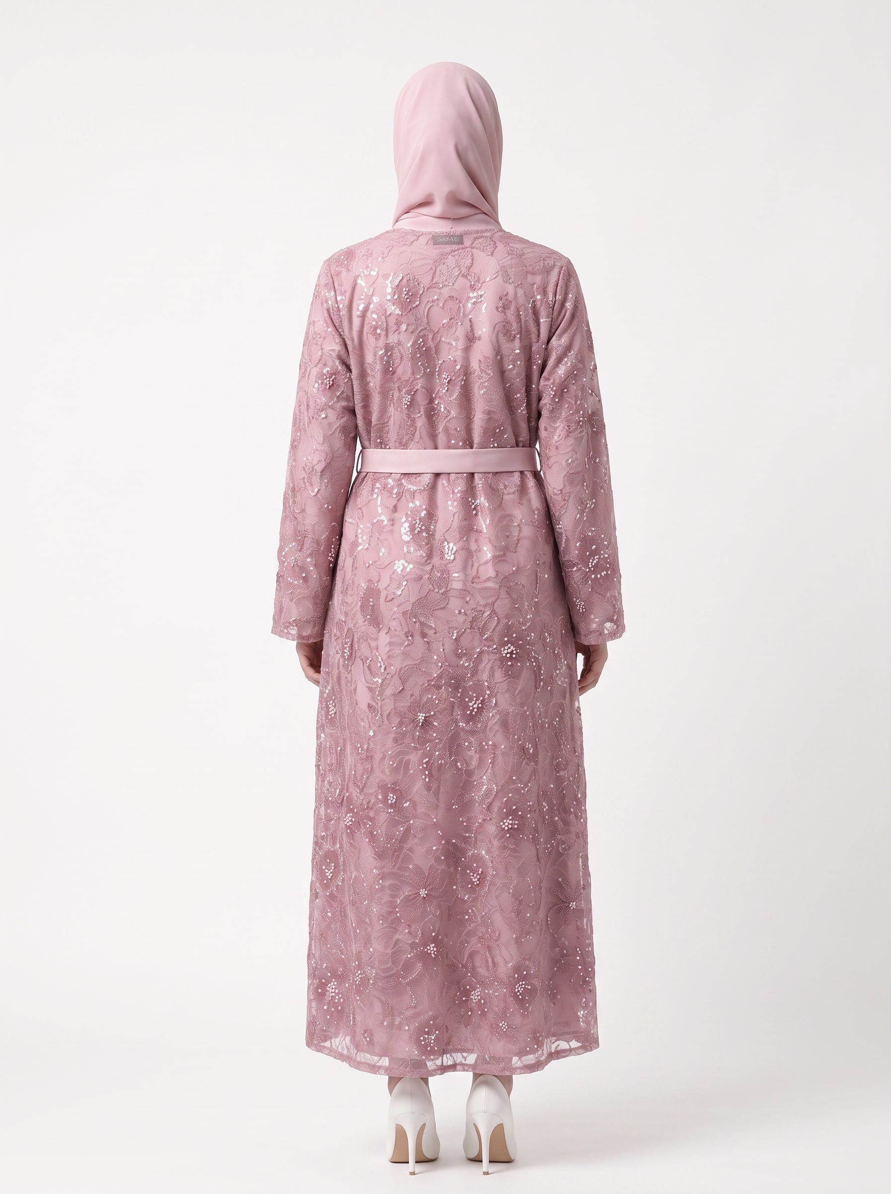 Premium Floral Open Abaya with Satin Belt - For Women - Image 3