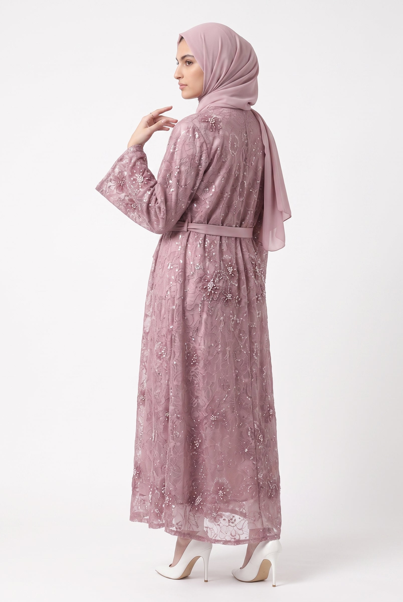 Premium Floral Open Abaya with Satin Belt - For Women - Image 2