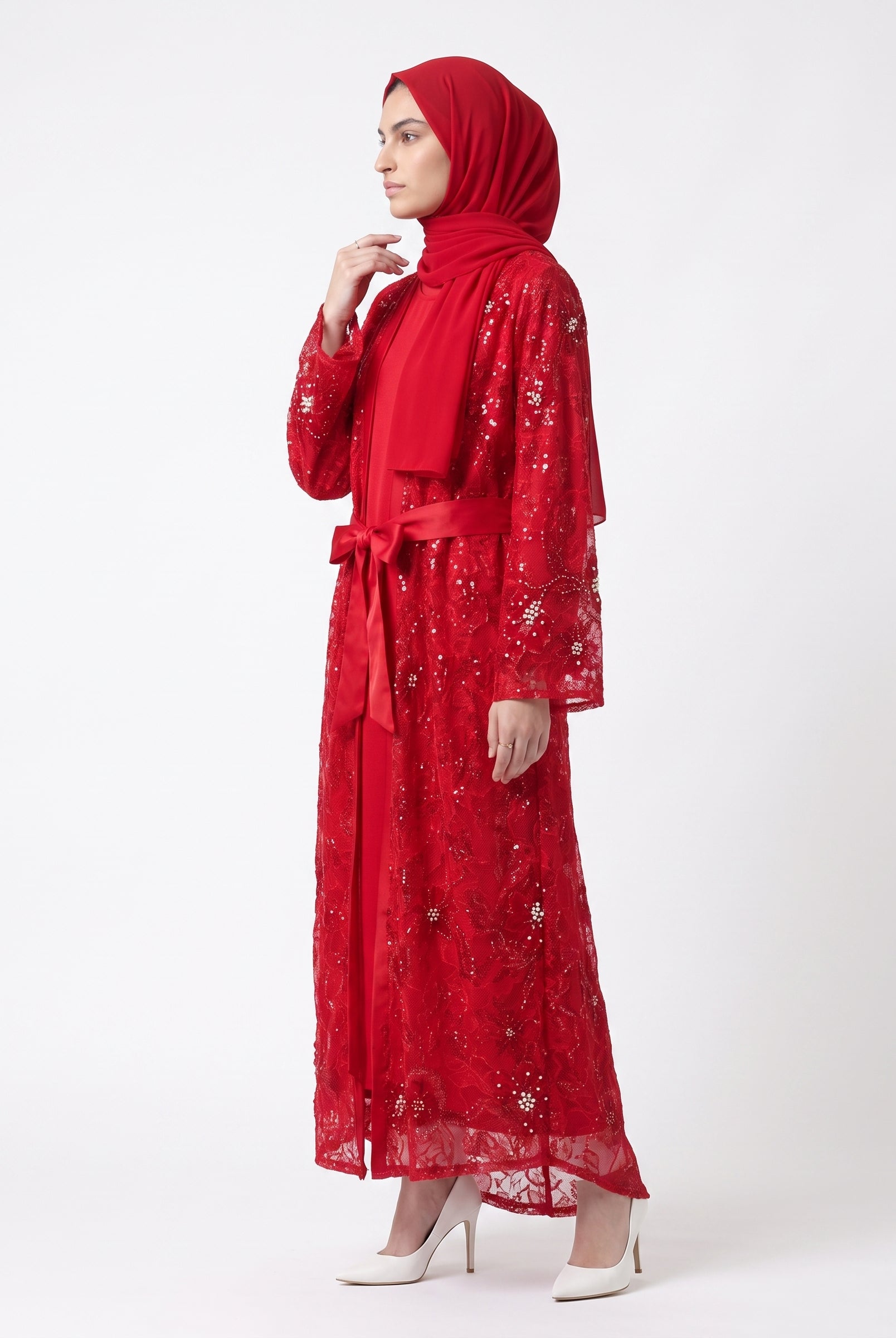 Elegant Embroidered Open Abaya with Satin Belt - For Women - Image 2