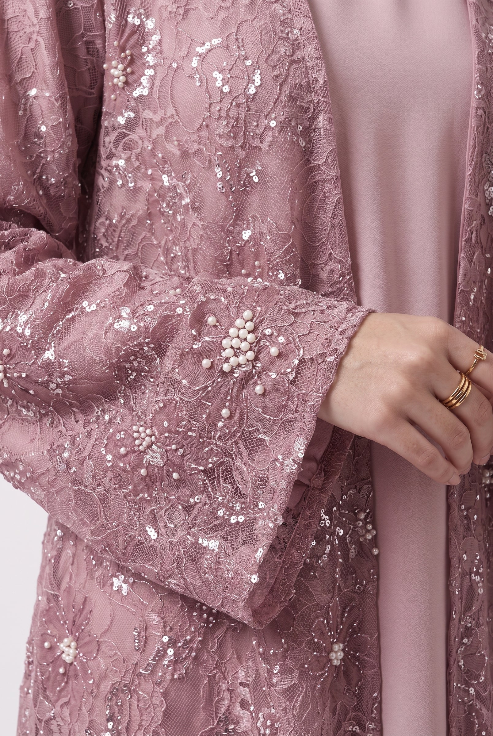 Premium Floral Open Abaya with Satin Belt - For Women - Image 5