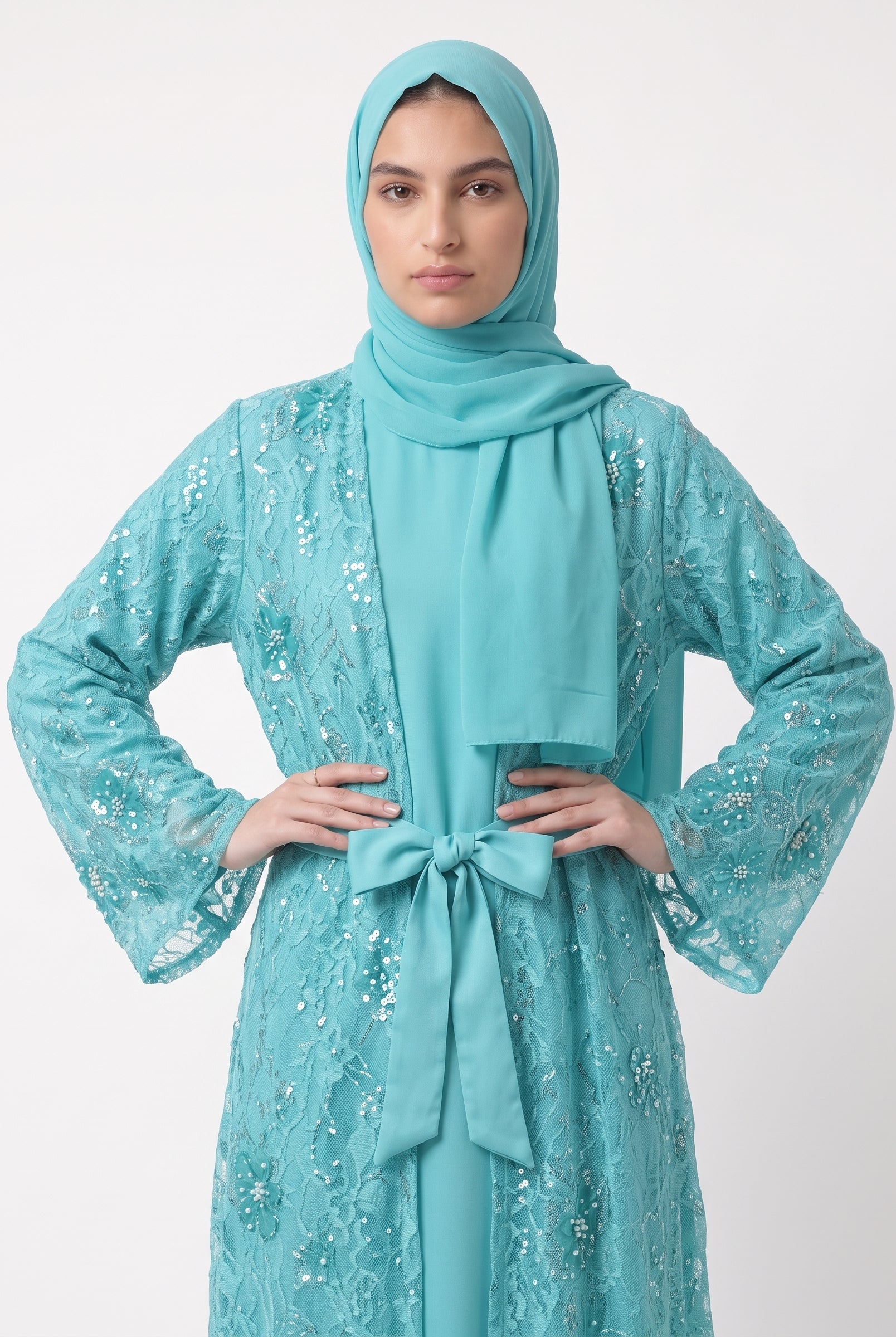 Luxury Floral Embellished Open Abaya with Satin Belt - For Women - Image 4