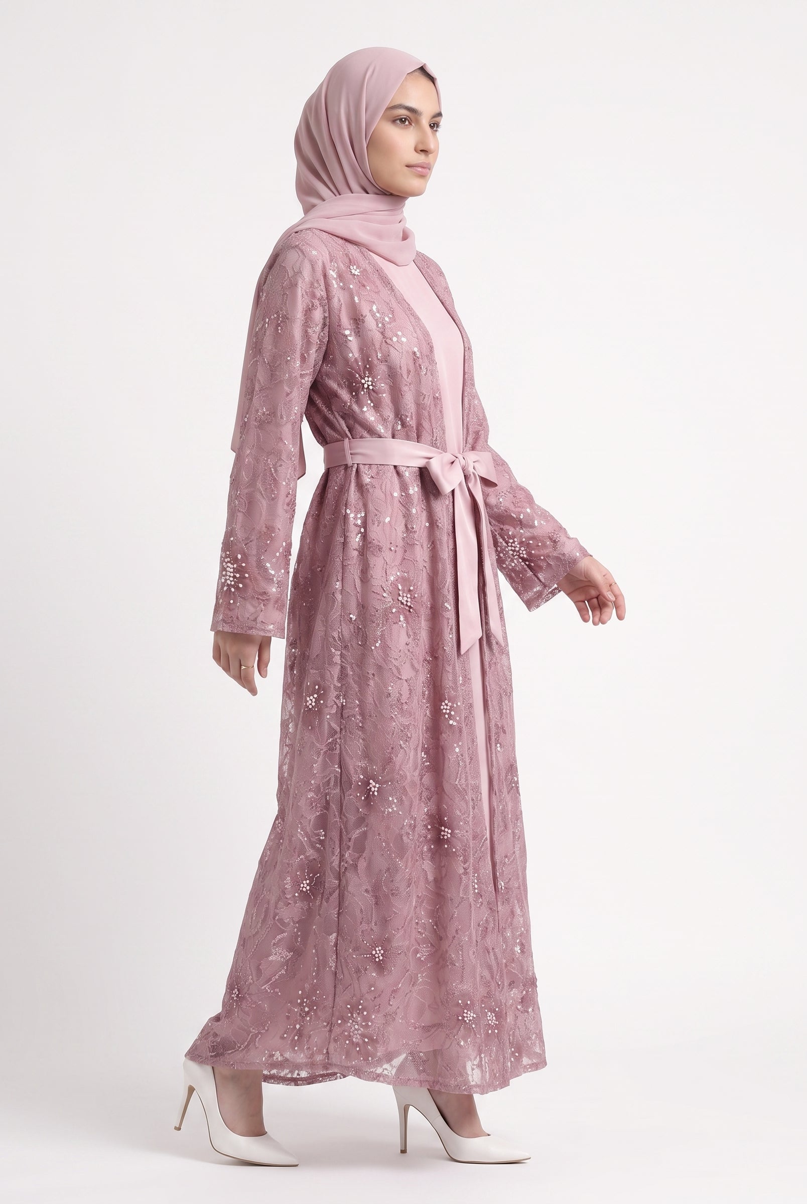 Premium Floral Open Abaya with Satin Belt - For Women - Image 1