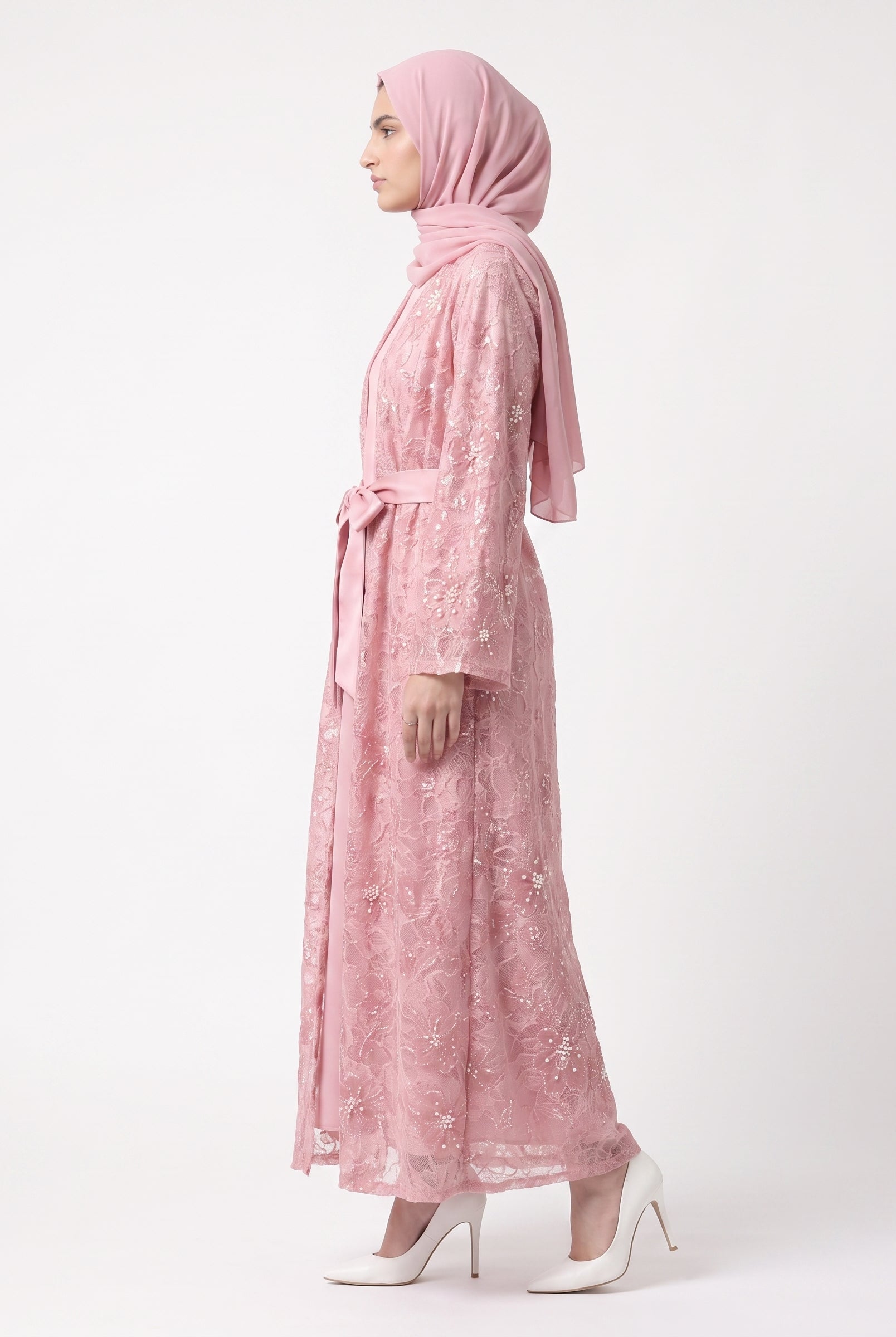 Luxury Statement Open Abaya with Satin Belt - For Women - Image 4