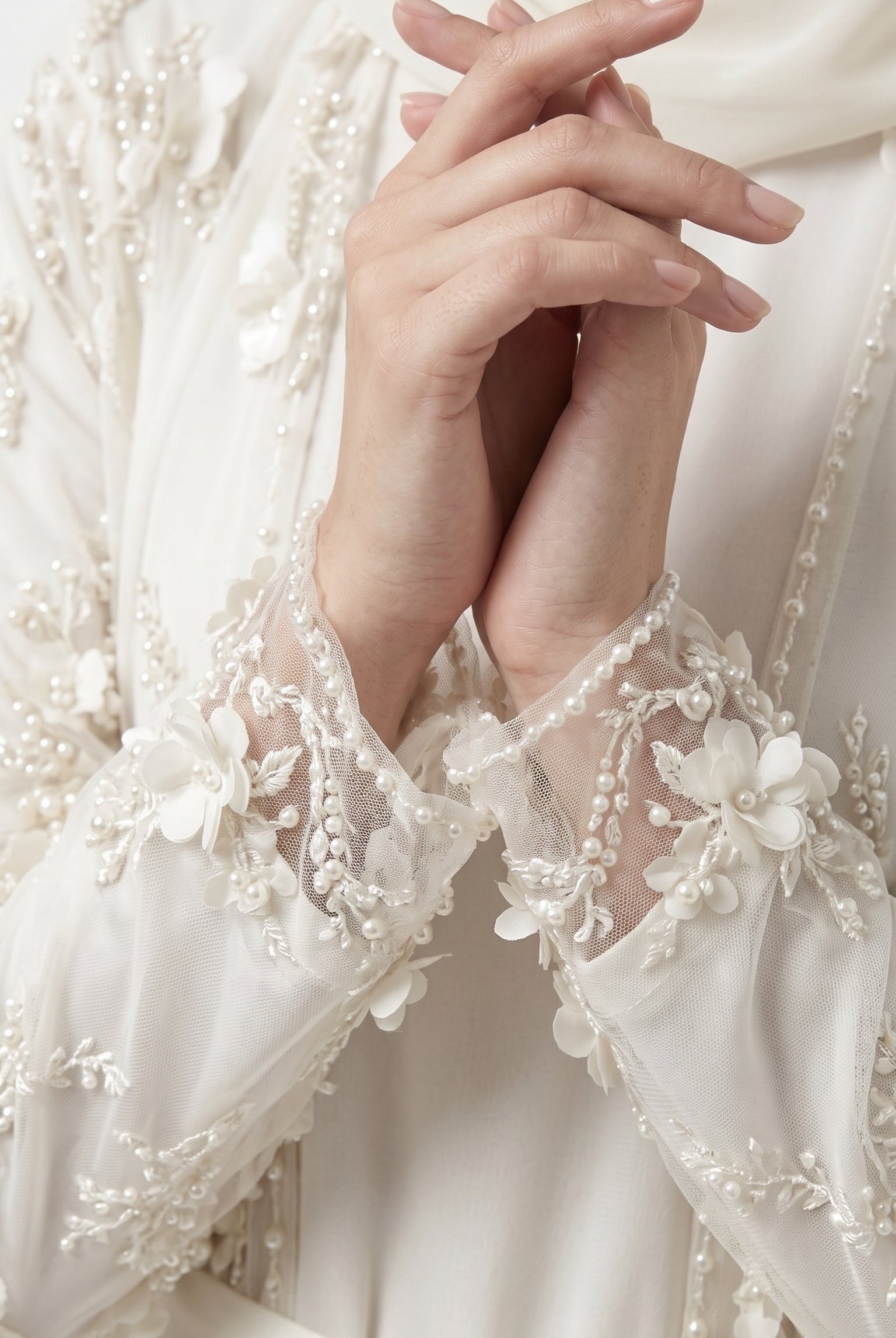 Ivory Pearl & 3D Floral Embellished Open Abaya with Satin Belt - Image 1