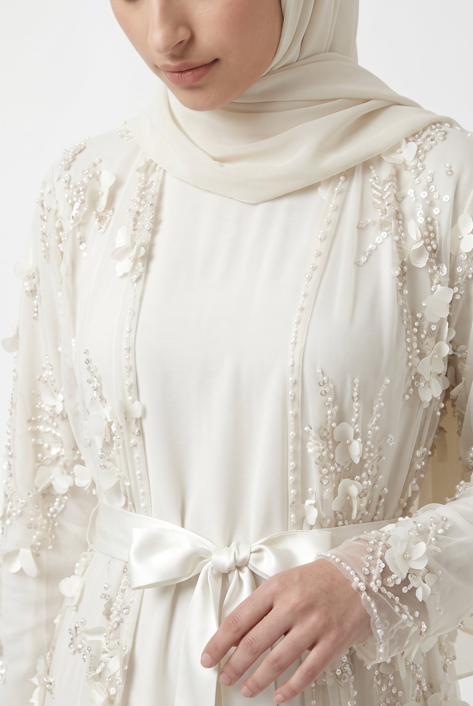 Ivory Pearl & 3D Floral Embellished Open Abaya with Satin Belt - Image 3