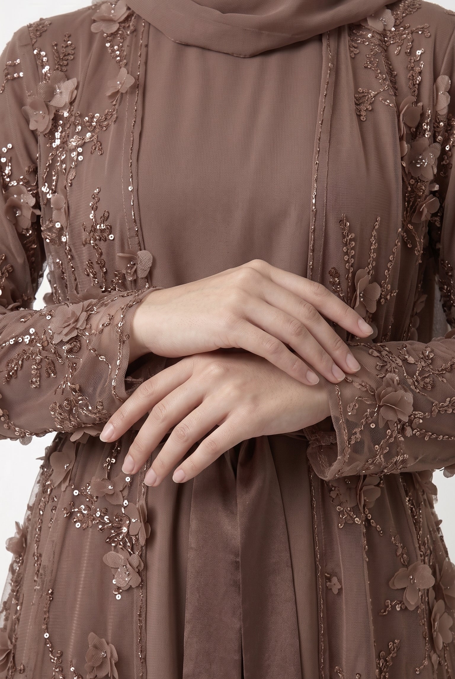 Mocha 3D Floral Embellished Open Abaya with Satin Belt - Image 2