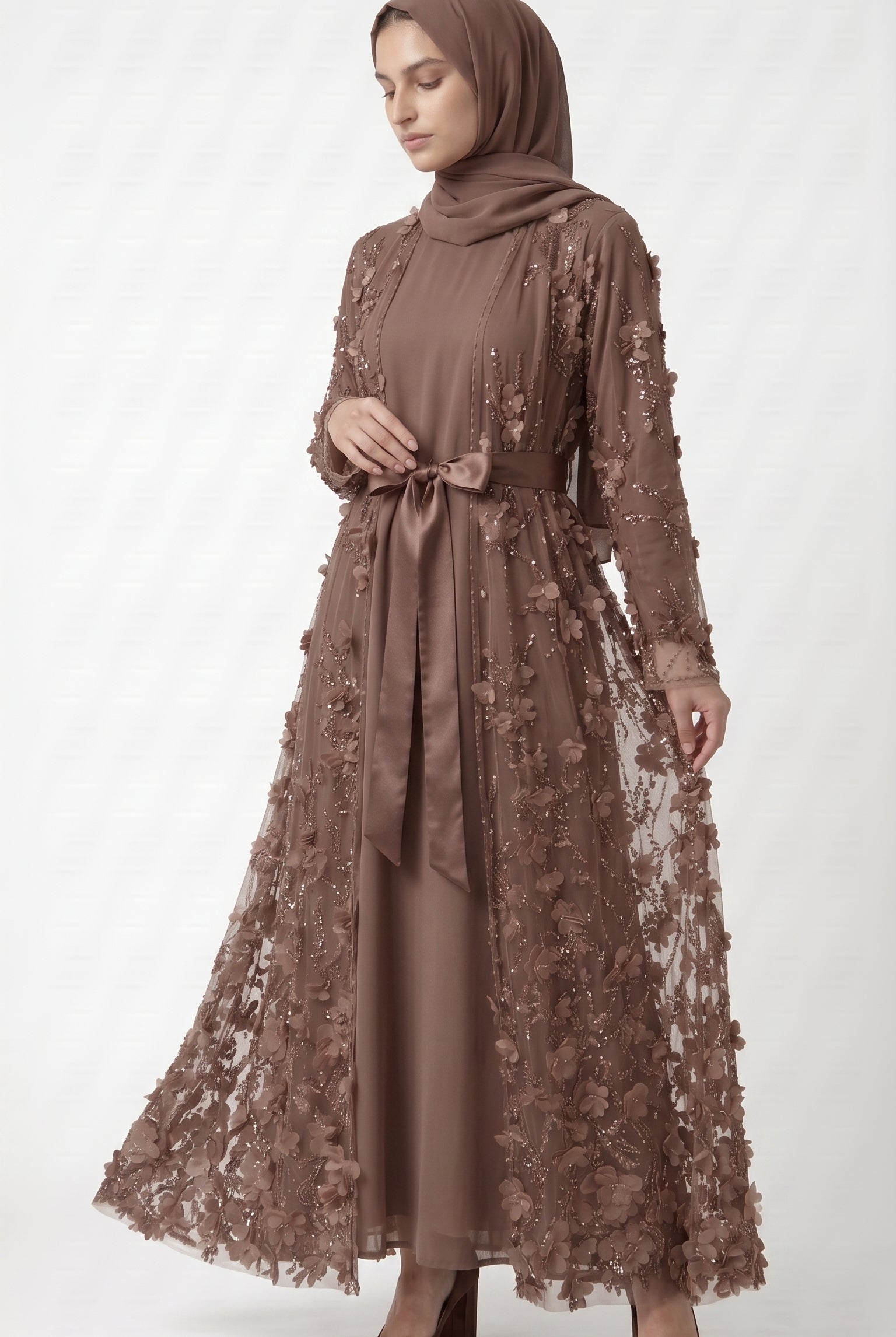 Mocha 3D Floral Embellished Open Abaya with Satin Belt - Image 4