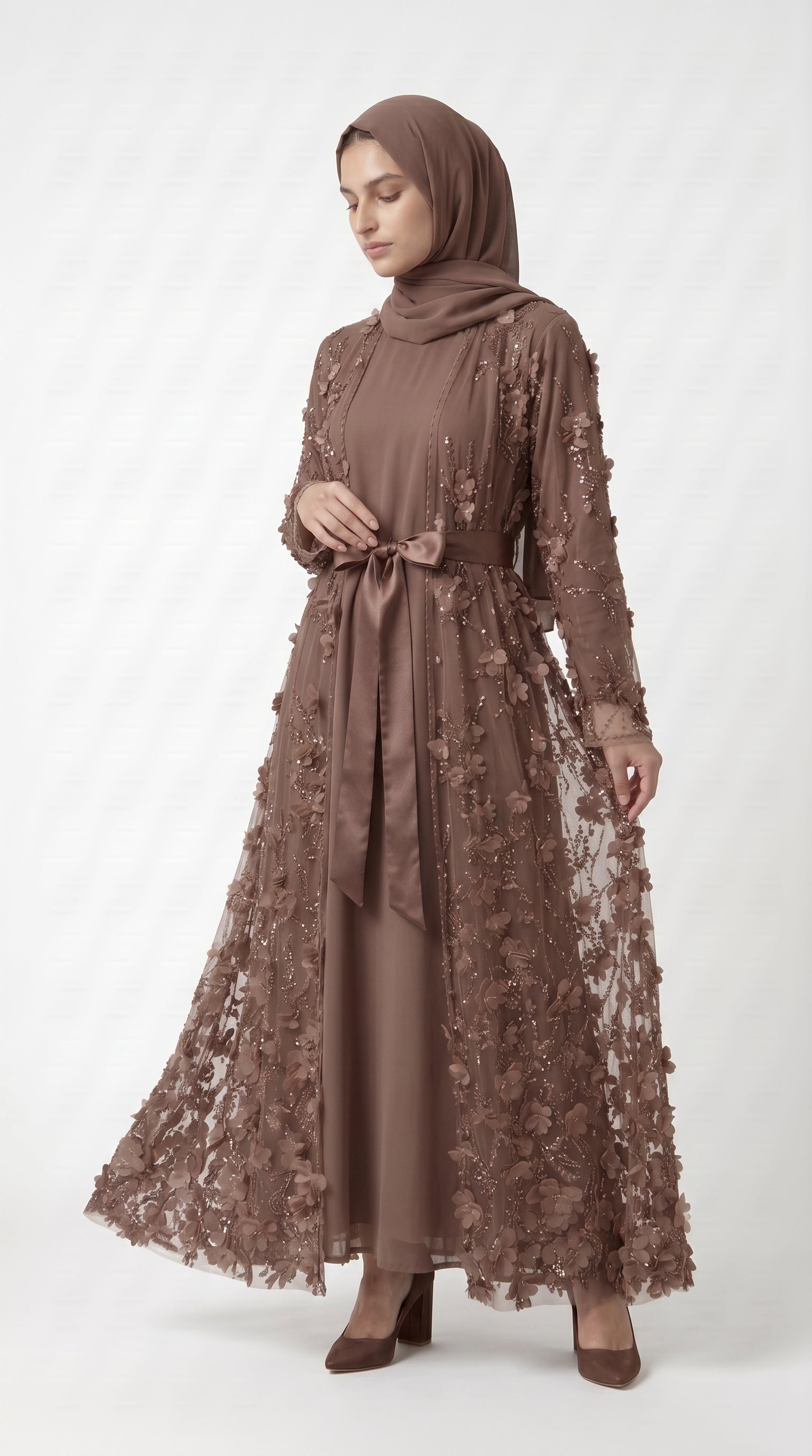 Mocha 3D Floral Embellished Open Abaya with Satin Belt - Image 4