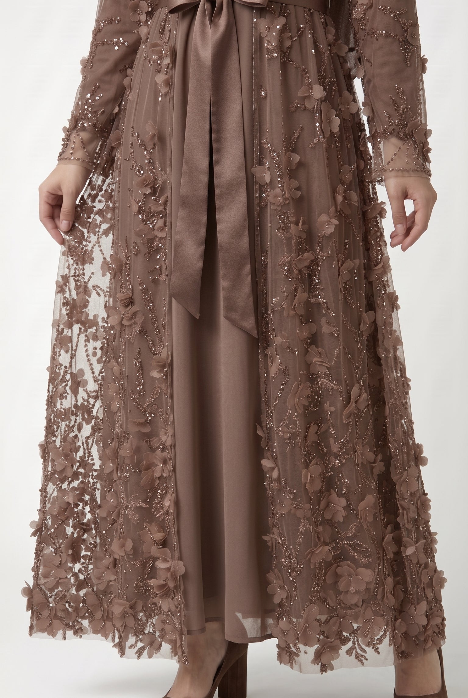 Mocha 3D Floral Embellished Open Abaya with Satin Belt - Image 3