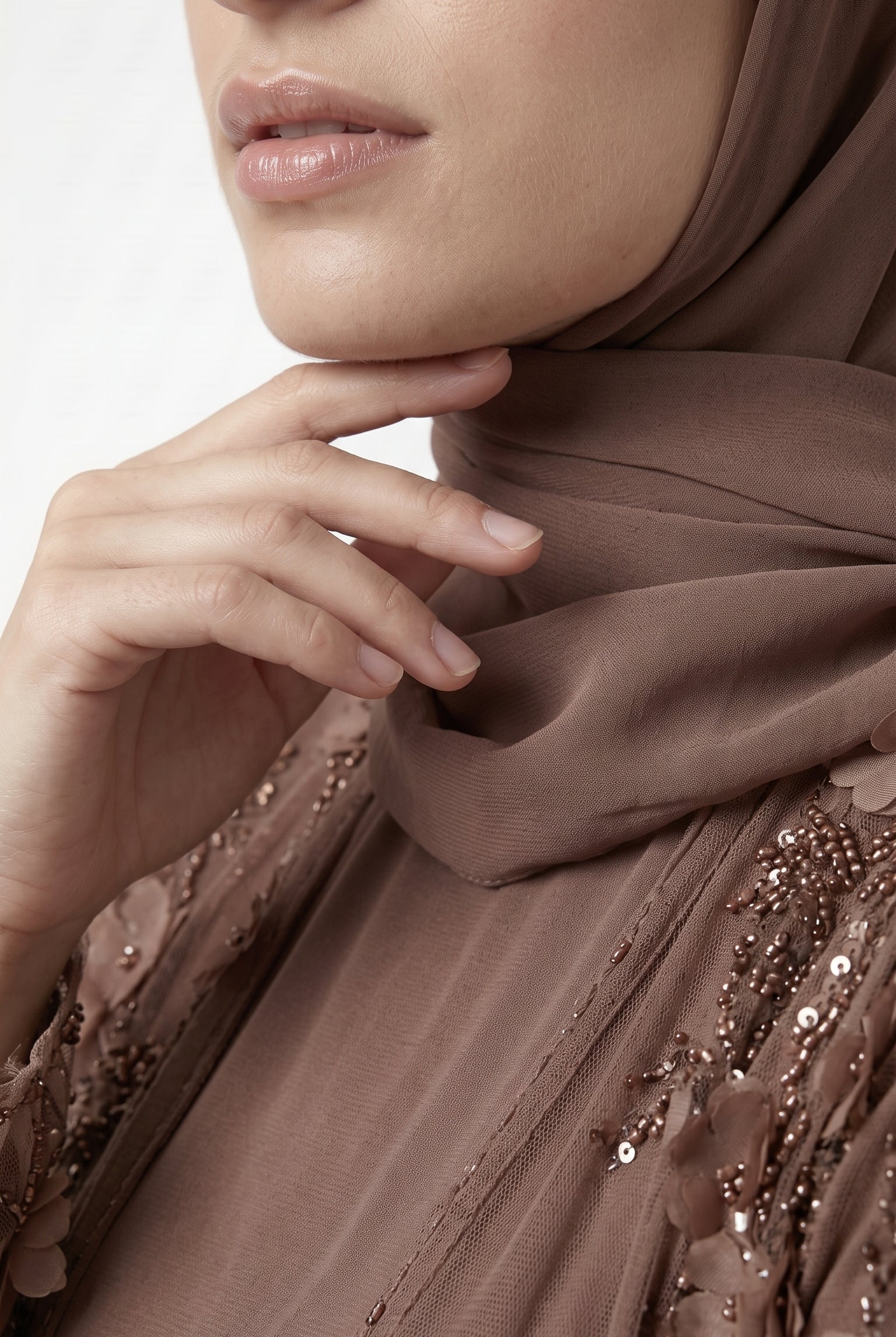 Mocha 3D Floral Embellished Open Abaya with Satin Belt - Image 5