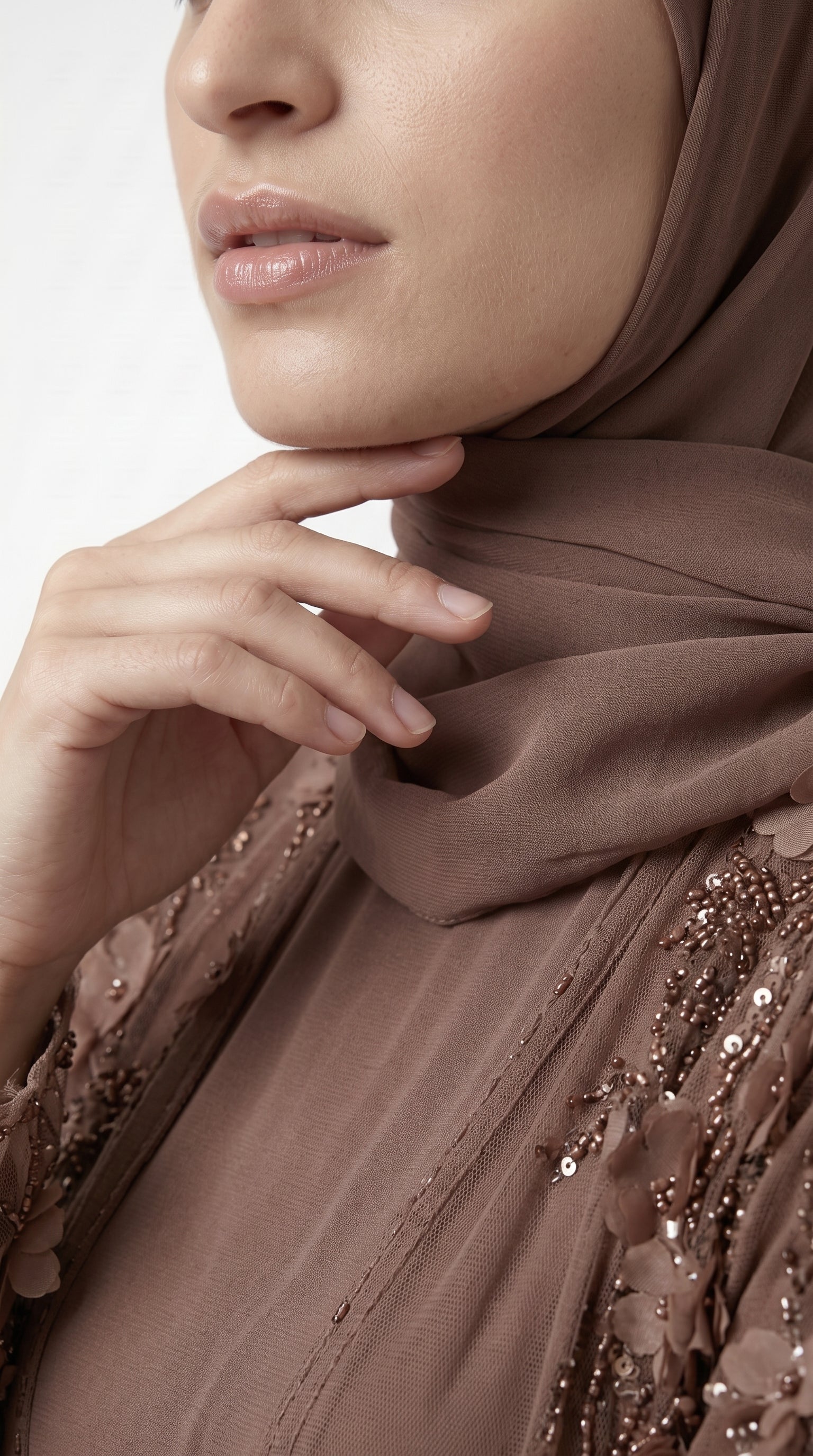 Mocha 3D Floral Embellished Open Abaya with Satin Belt - Image 5