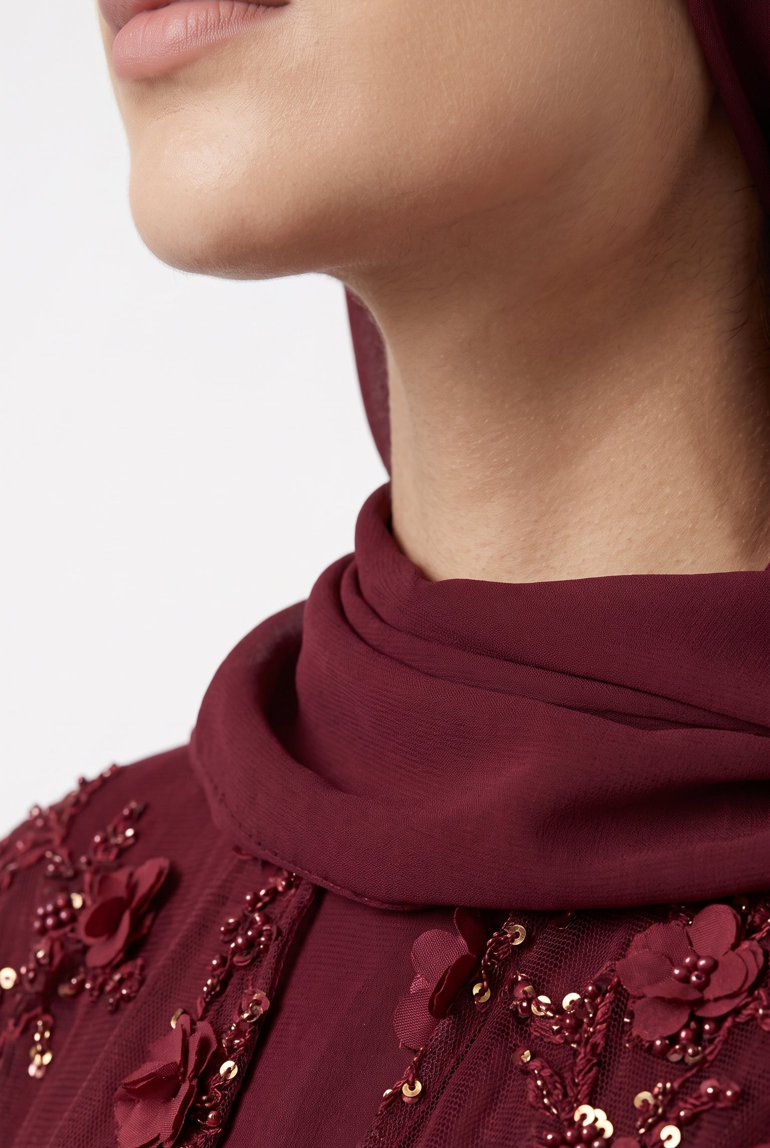Burgundy 3D Floral Sequin Embellished Open Abaya with Satin Belt - Image 2