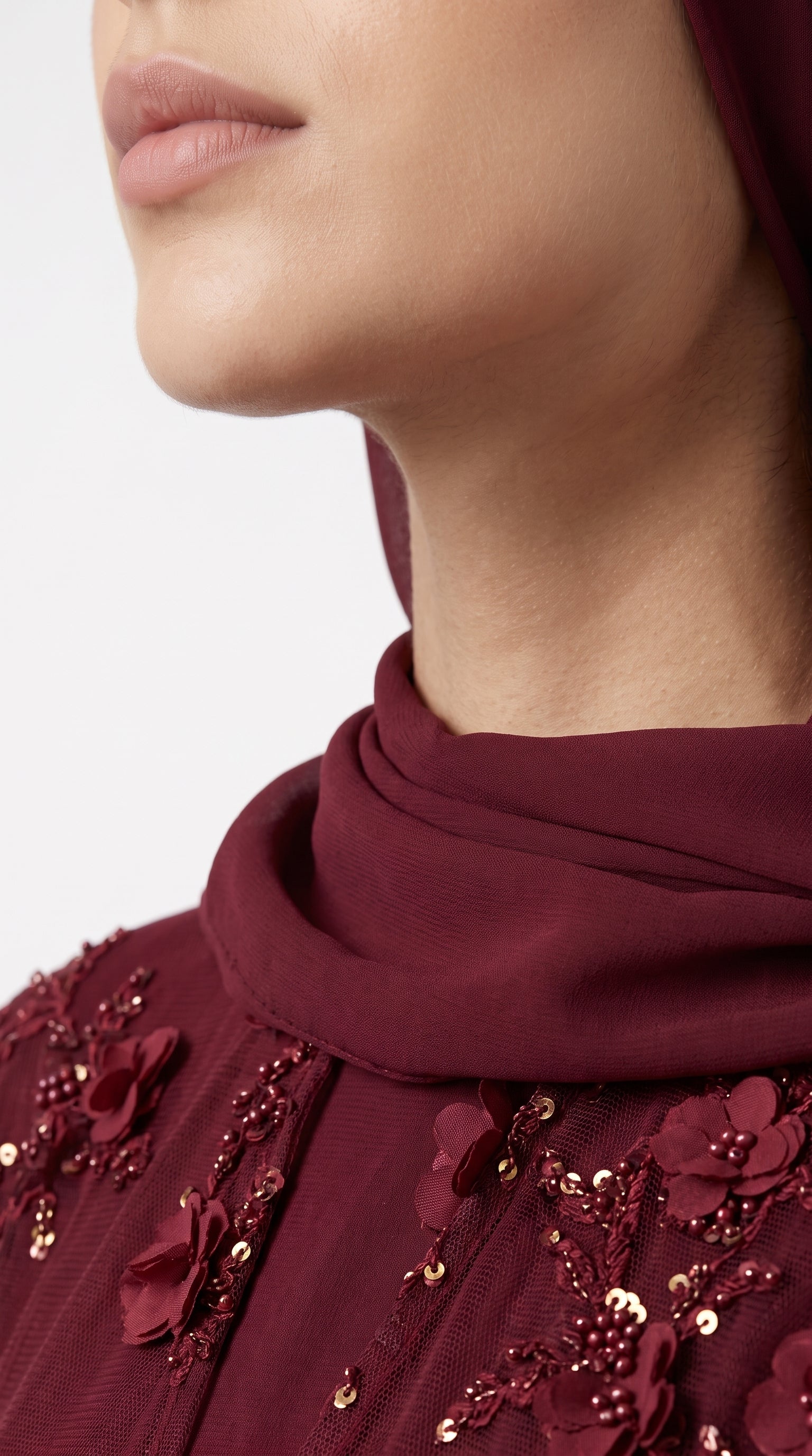 Burgundy 3D Floral Sequin Embellished Open Abaya with Satin Belt - Image 2