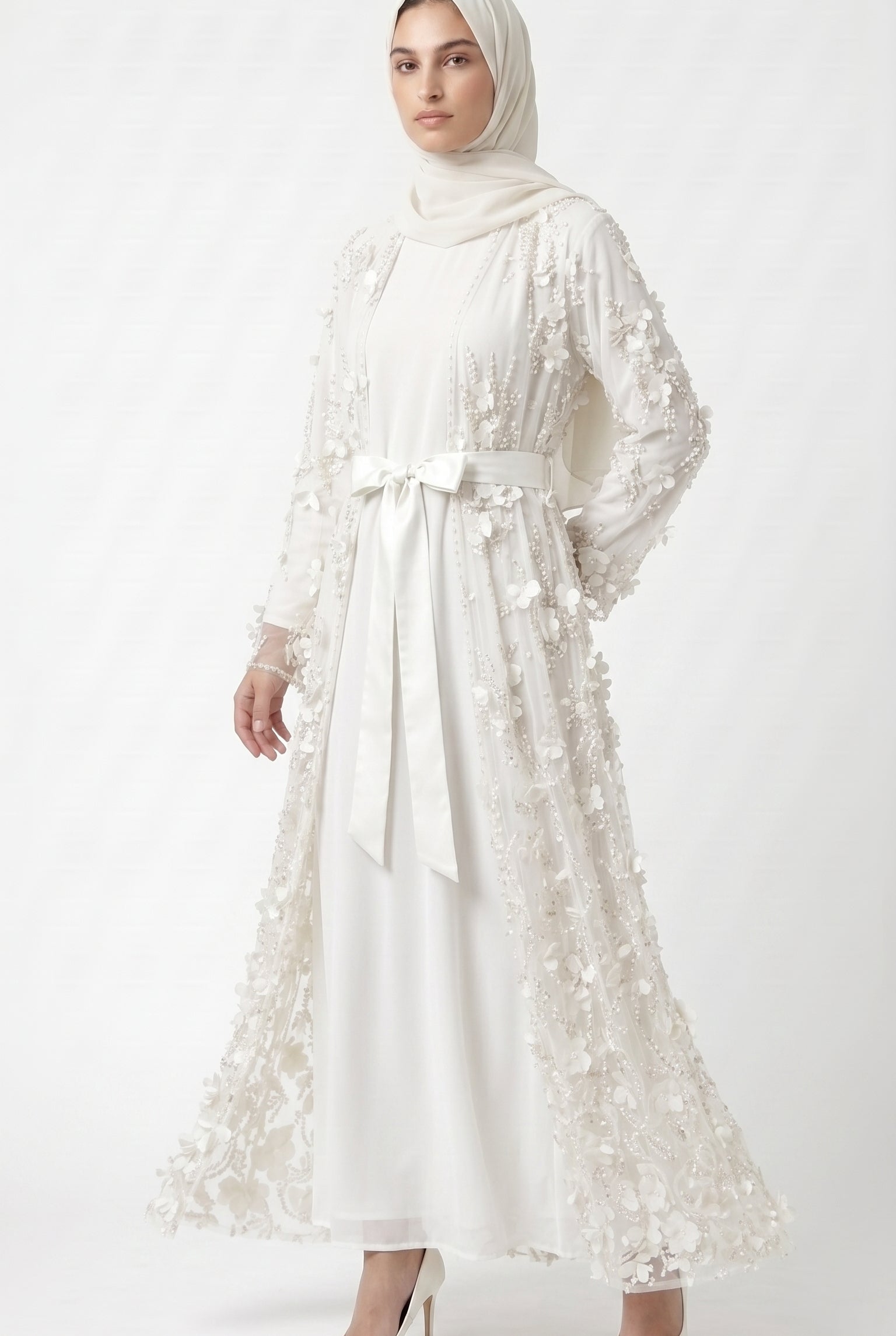 Ivory Pearl & 3D Floral Embellished Open Abaya with Satin Belt - Image 2