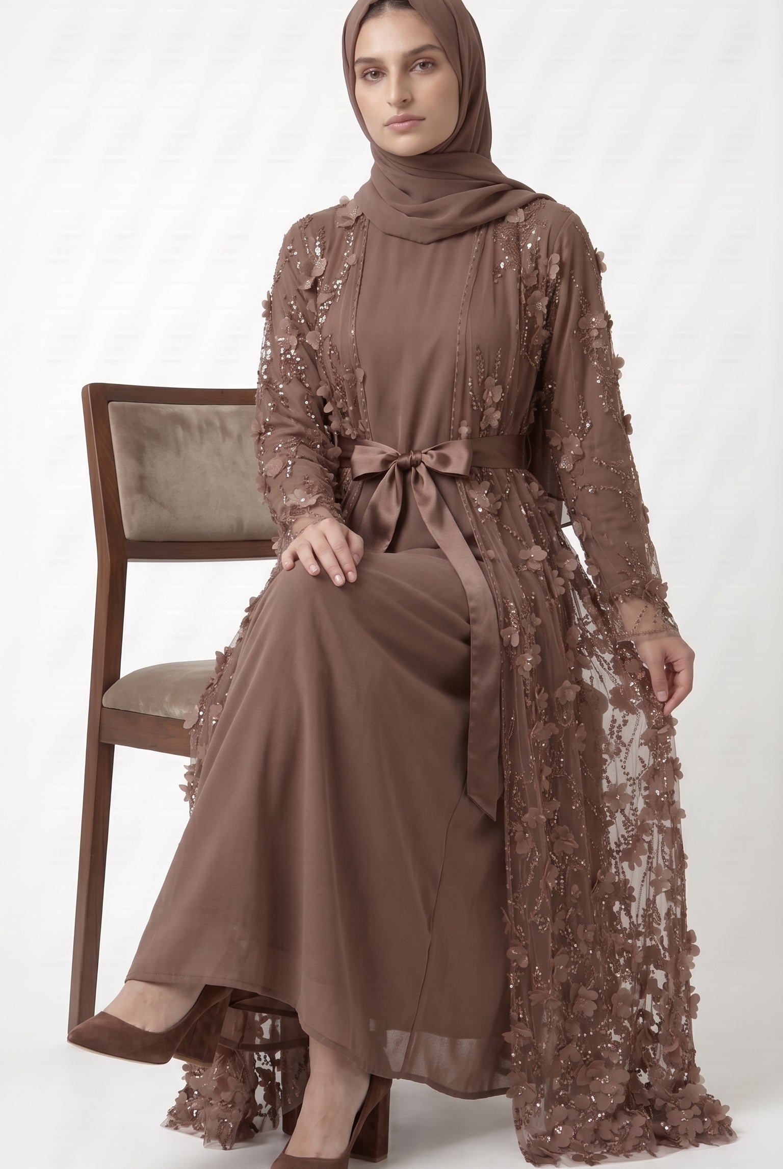 Mocha 3D Floral Embellished Open Abaya with Satin Belt - Image 6