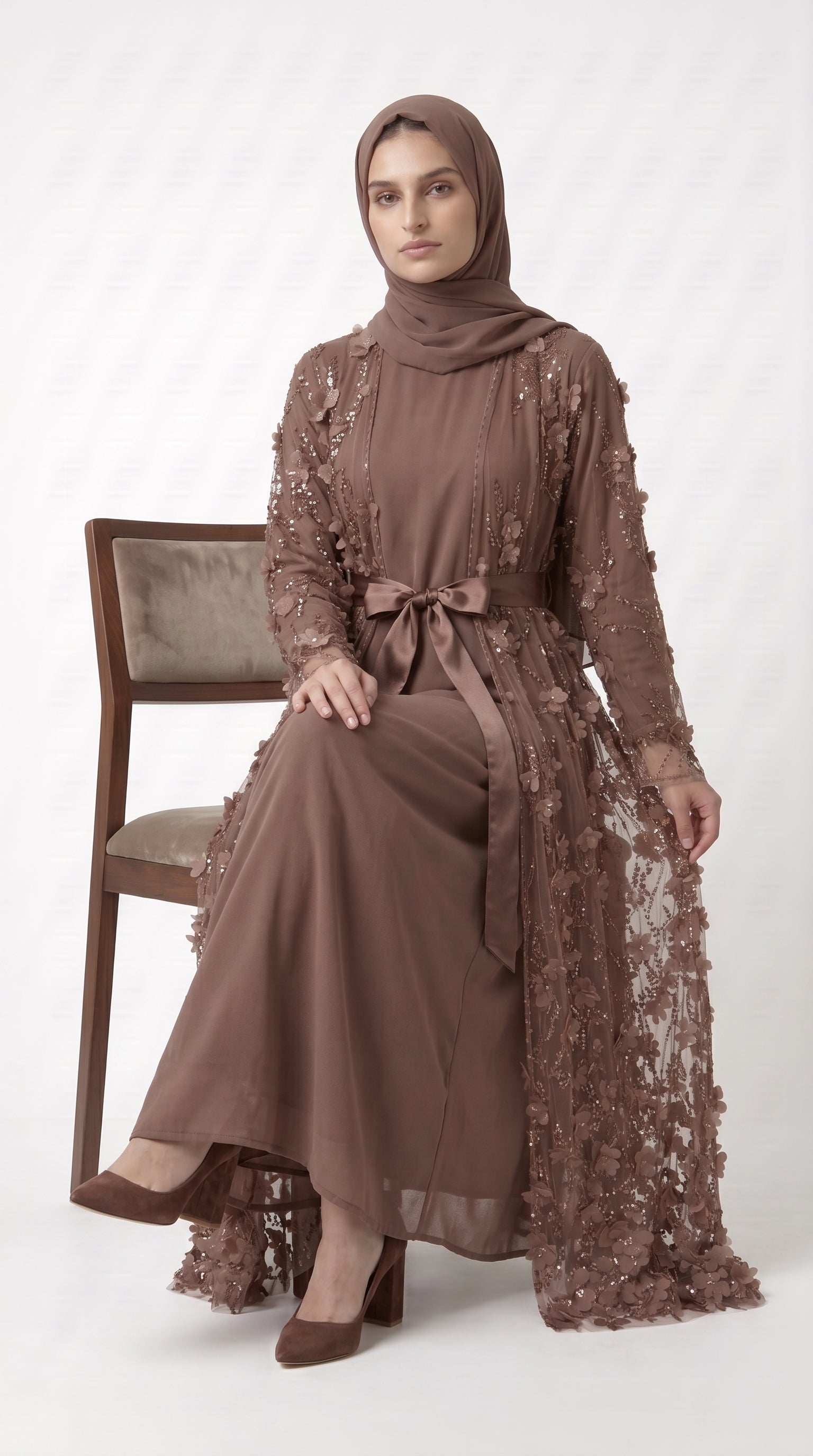 Mocha 3D Floral Embellished Open Abaya with Satin Belt - Image 6