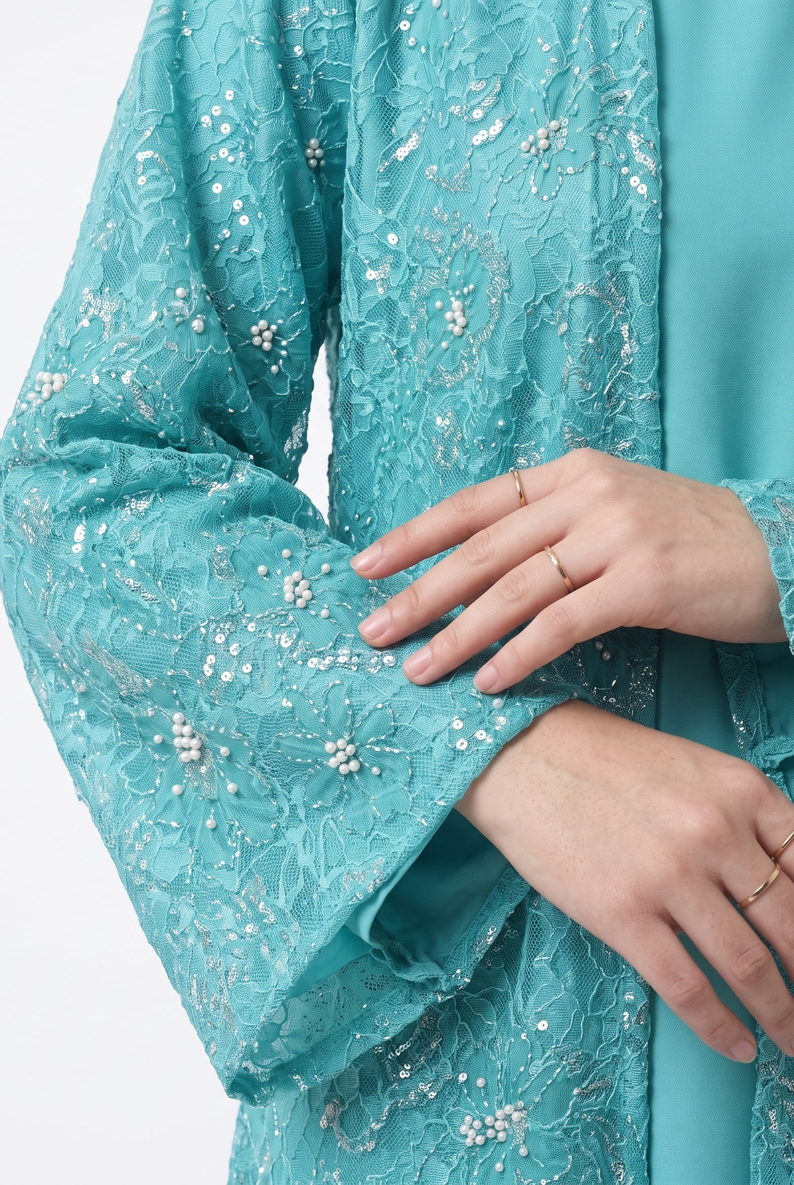 Luxury Floral Embellished Open Abaya with Satin Belt - For Women - Image 7