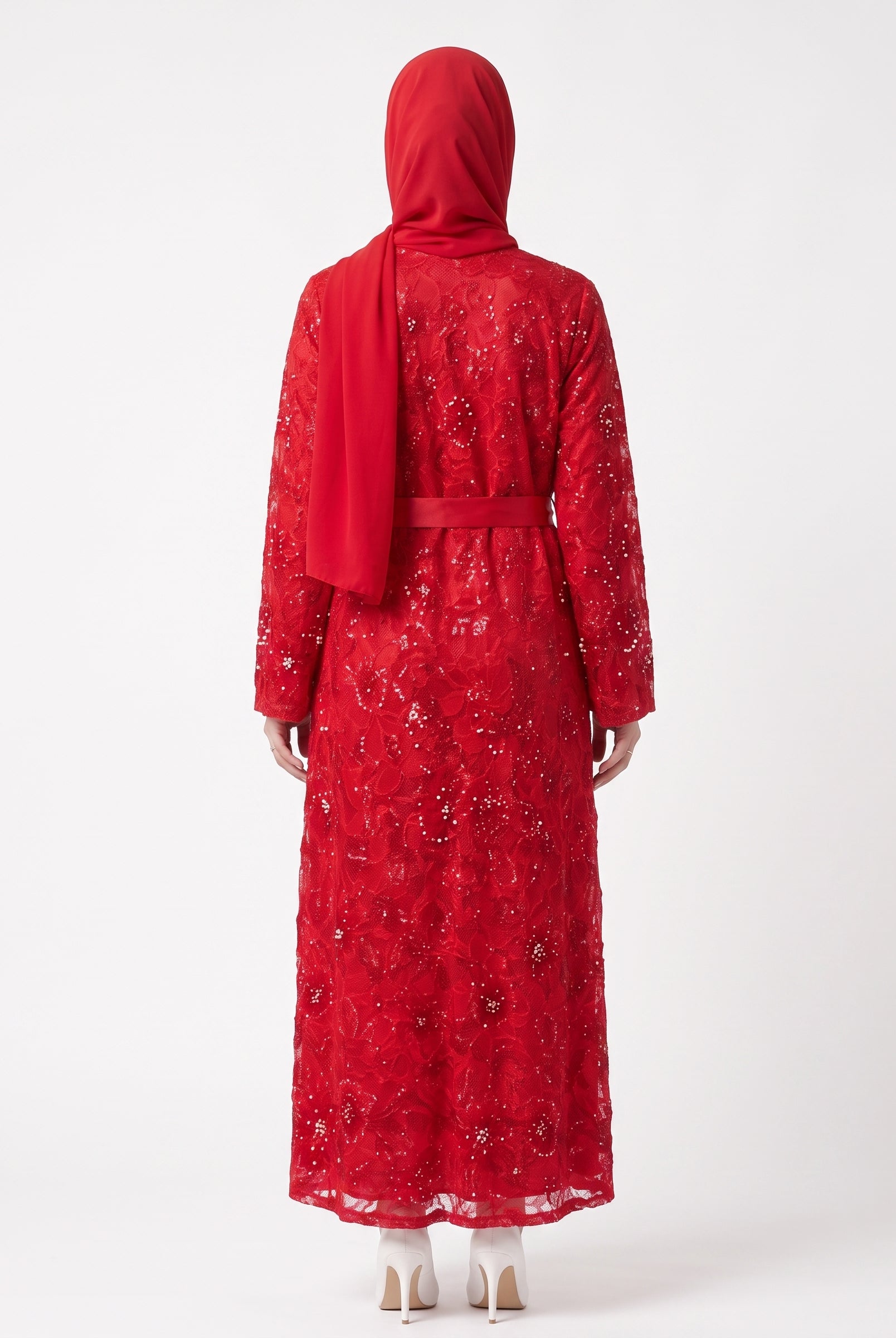 Elegant Embroidered Open Abaya with Satin Belt - For Women - Image 3
