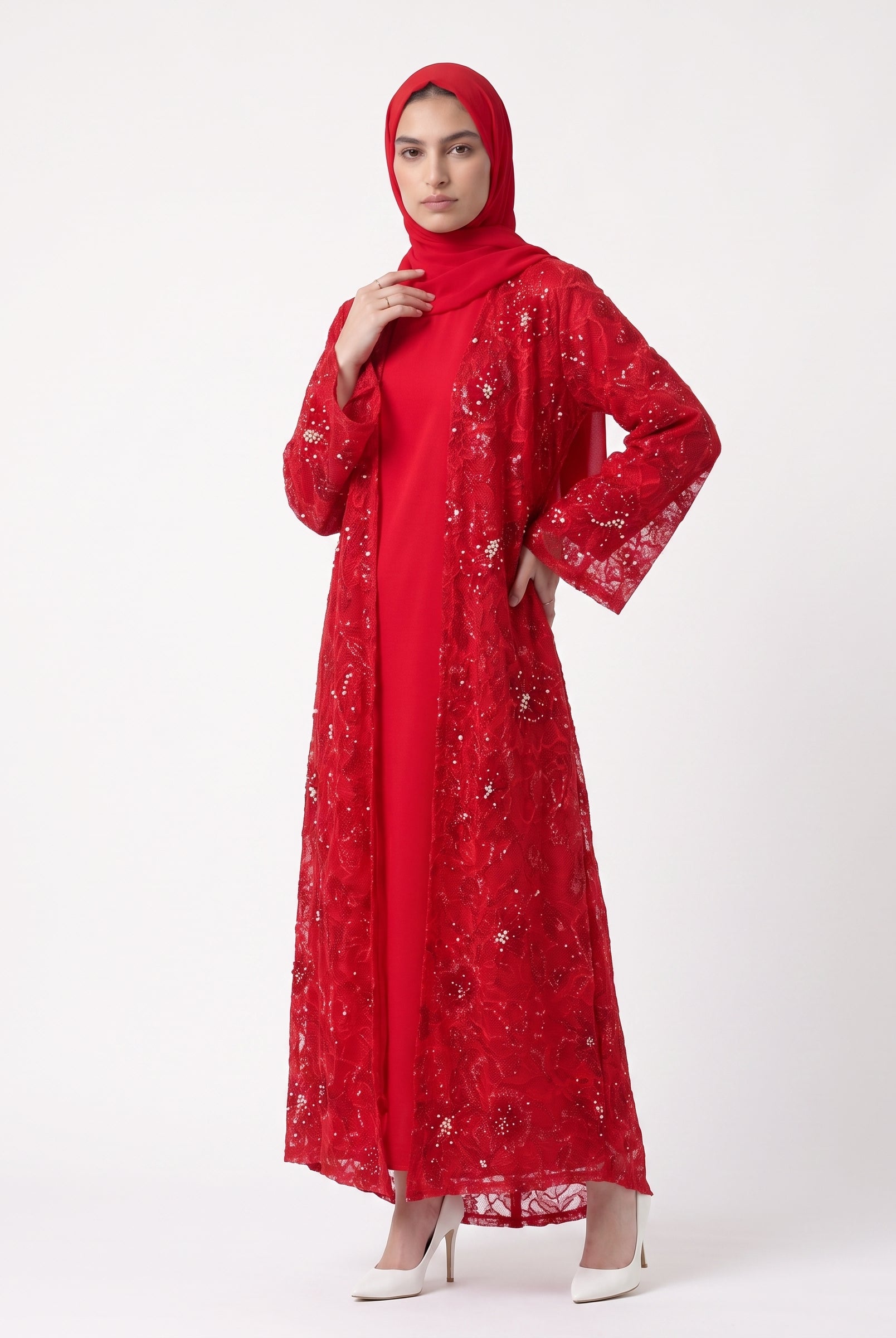 Elegant Embroidered Open Abaya with Satin Belt - For Women - Image 4