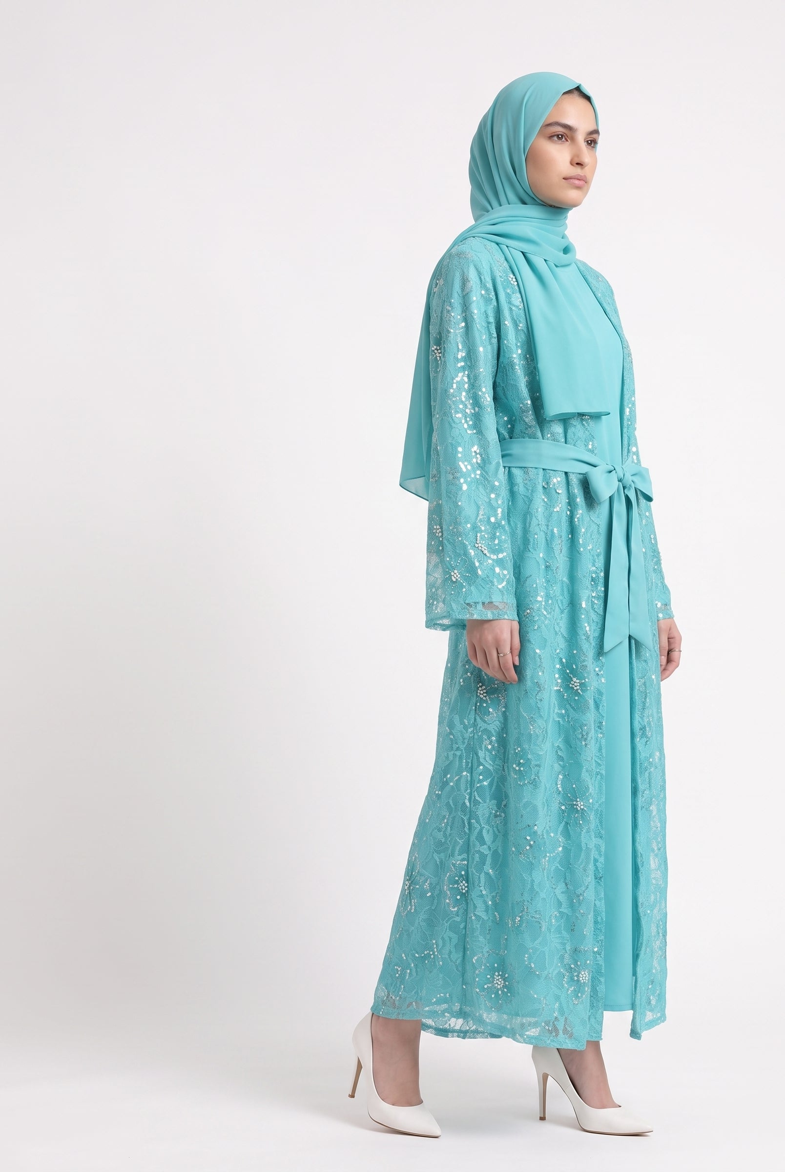 Luxury Floral Embellished Open Abaya with Satin Belt - For Women - Image 2