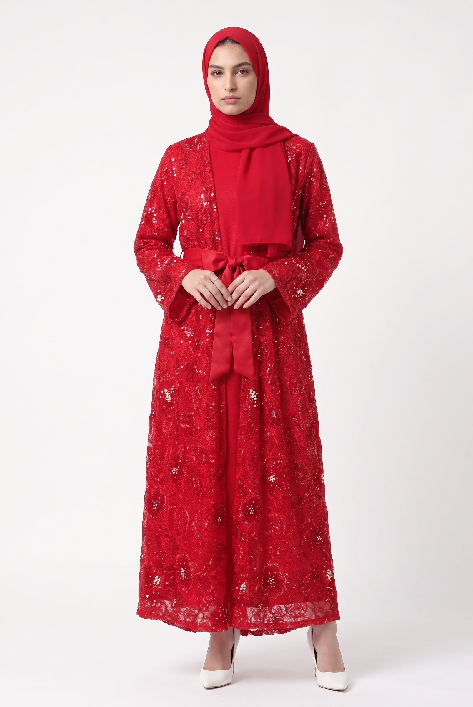 Elegant Embroidered Open Abaya with Satin Belt - For Women - Image 1