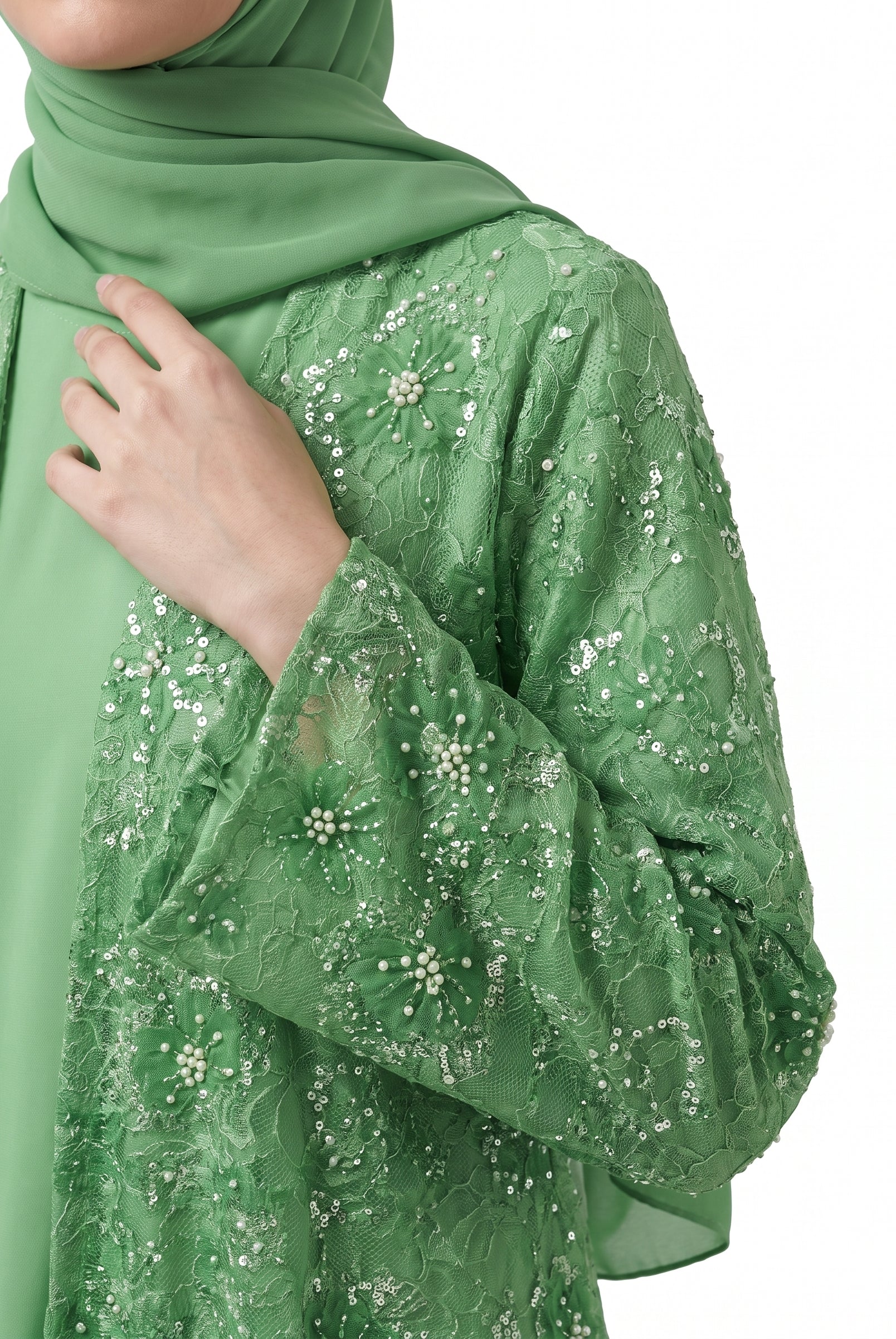 Classic Floral Open Abaya with Satin Belt - For Women - Image 6