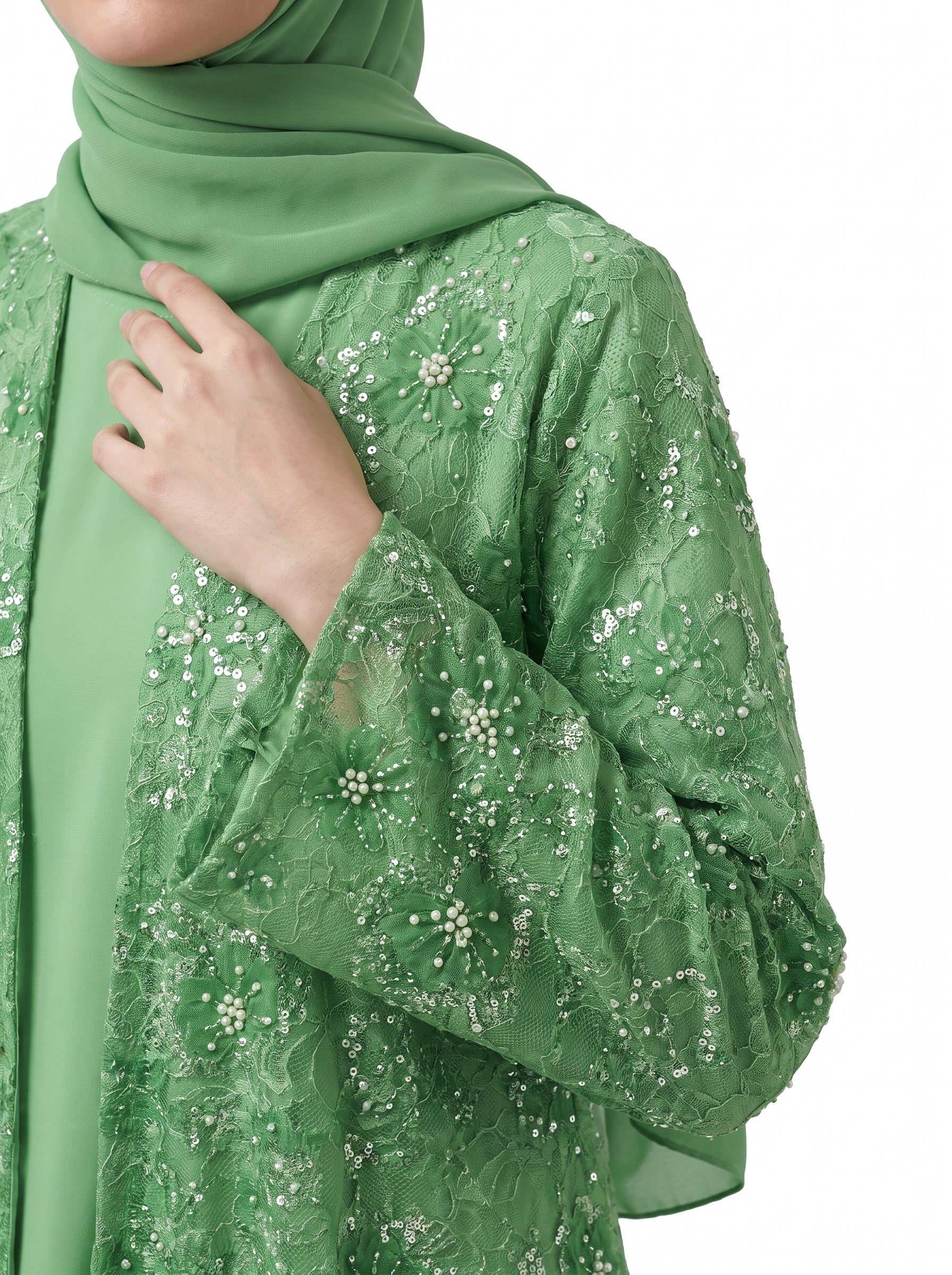 Classic Floral Open Abaya with Satin Belt - For Women - Image 6