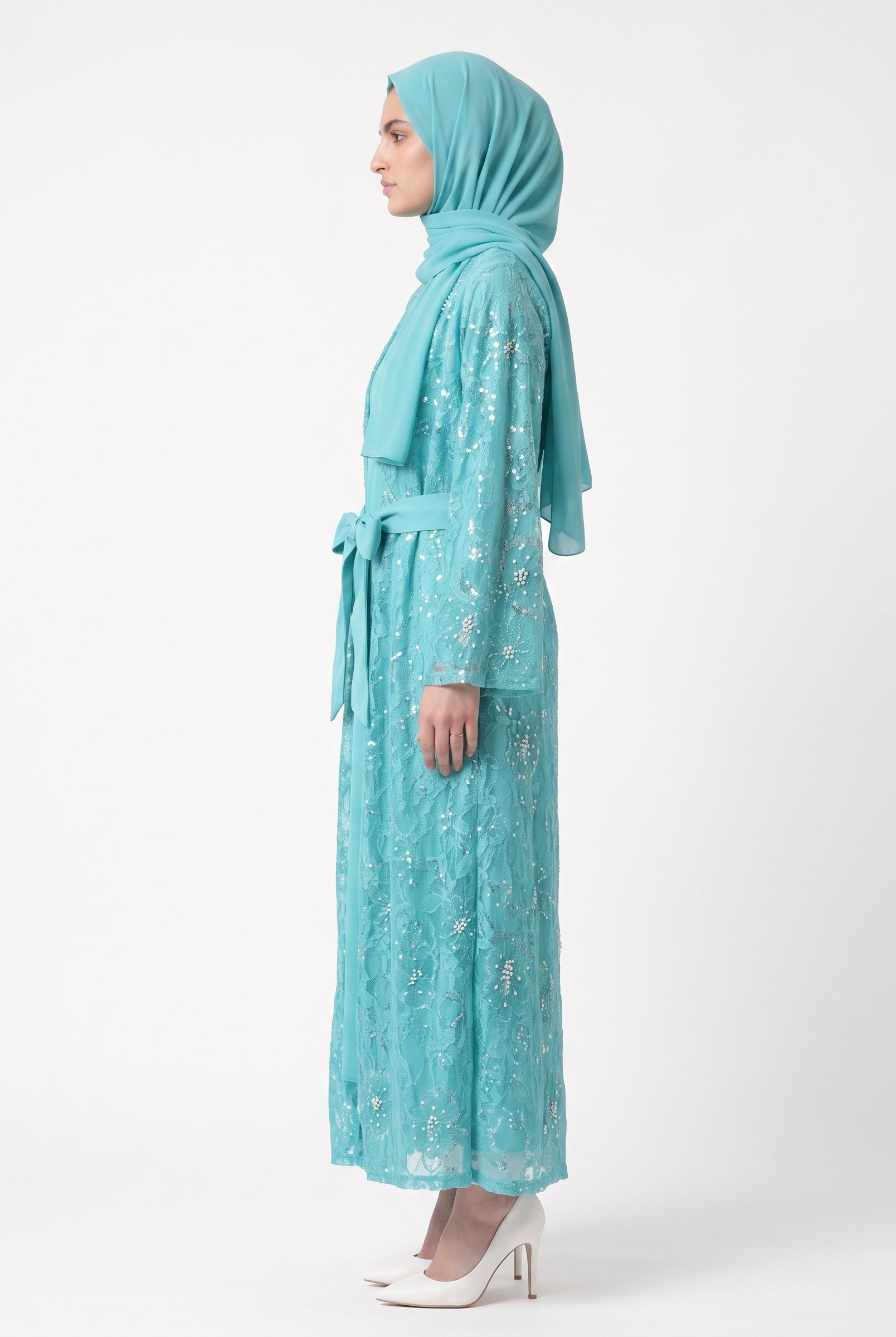 Luxury Floral Embellished Open Abaya with Satin Belt - For Women - Image 1