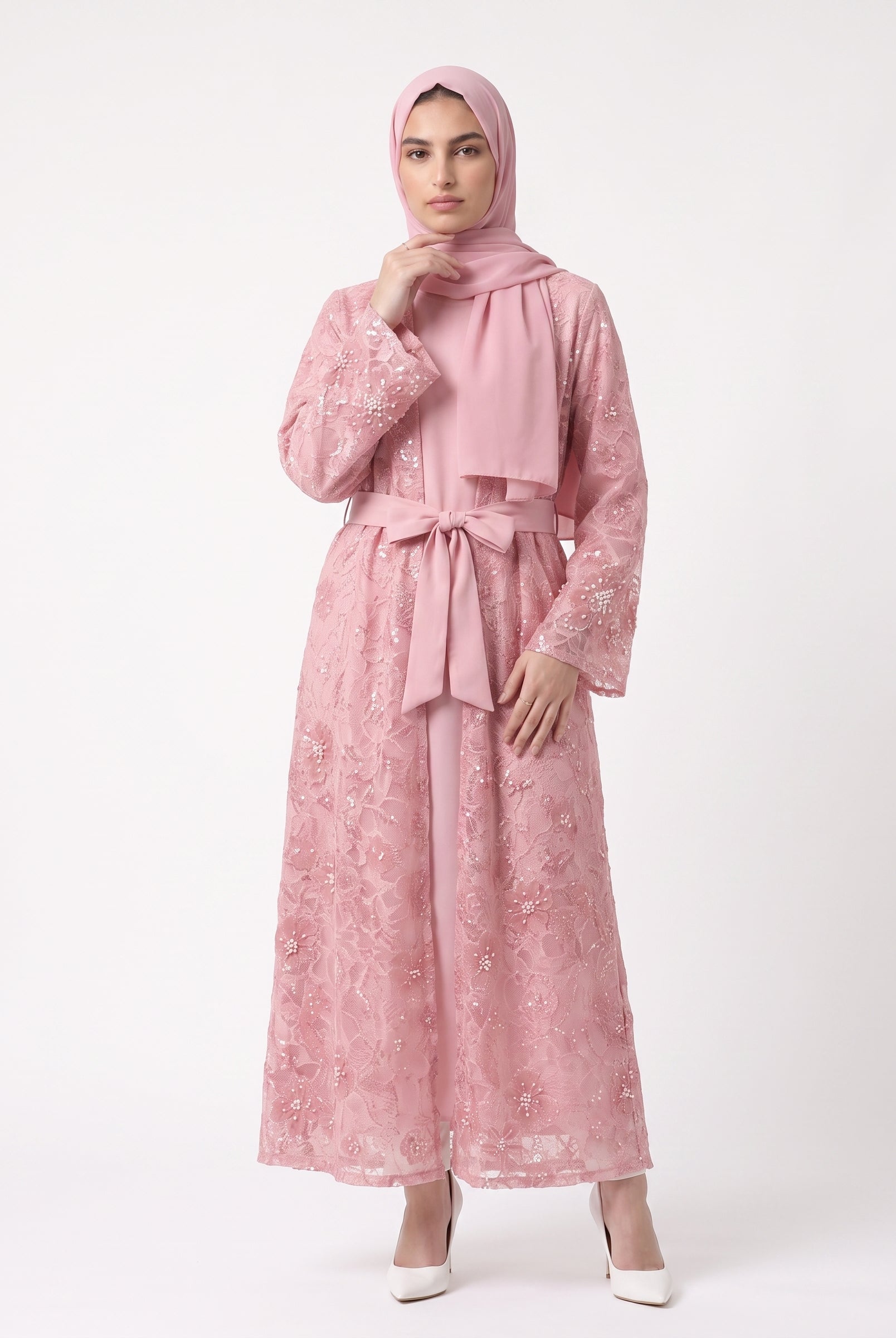 Luxury Statement Open Abaya with Satin Belt - For Women - Image 2