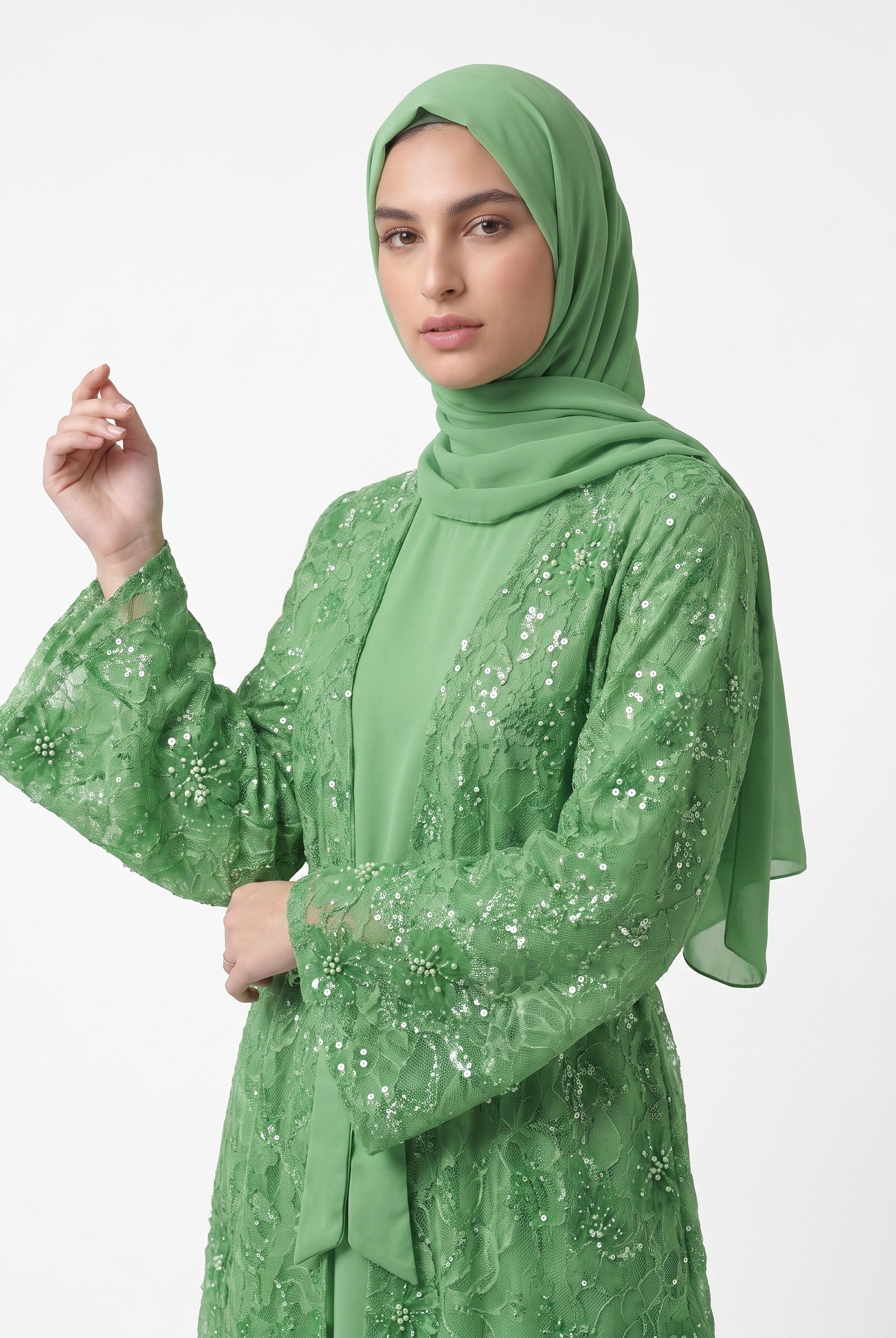 Classic Floral Open Abaya with Satin Belt - For Women - Image 5