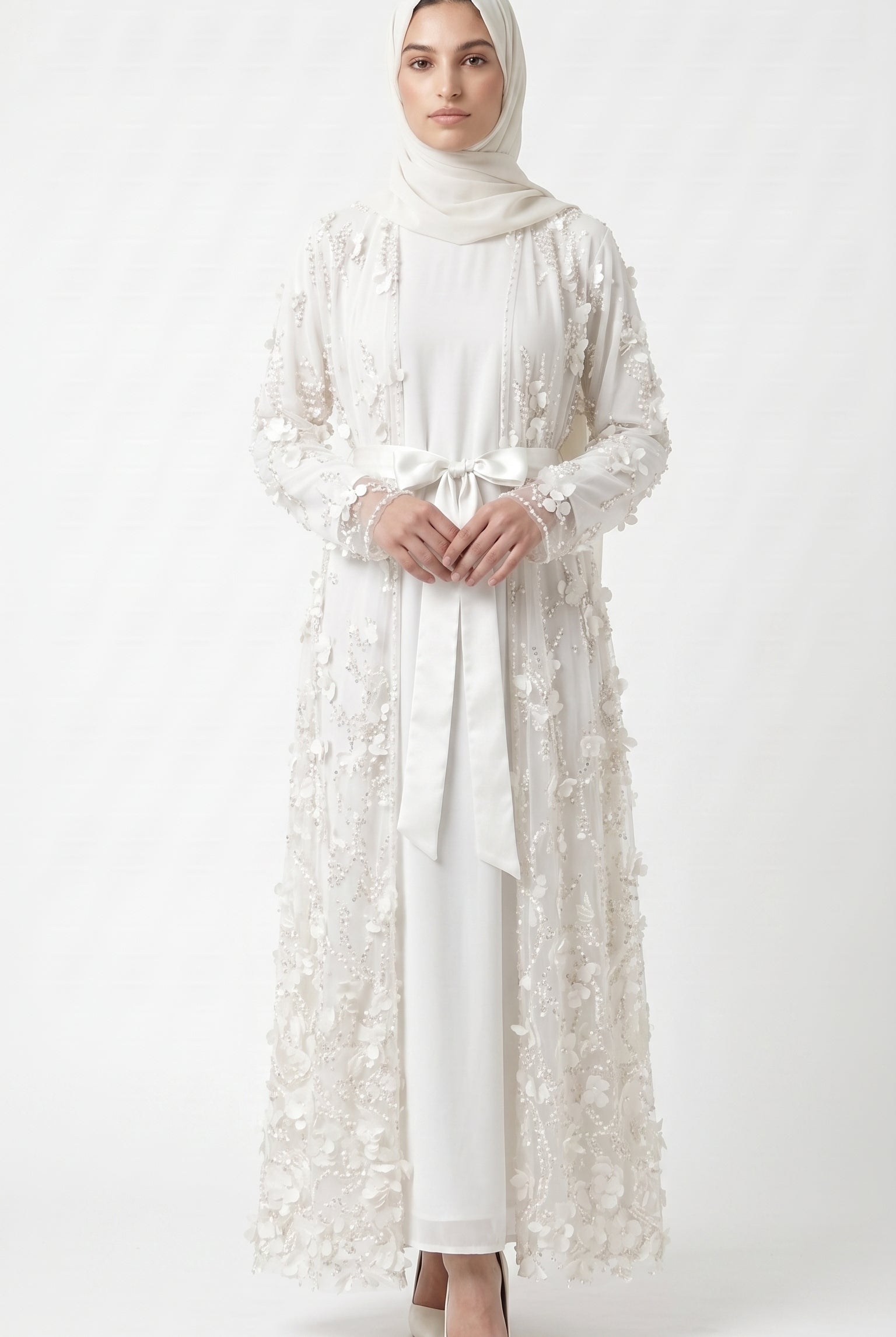 Ivory Pearl & 3D Floral Embellished Open Abaya with Satin Belt - Image 6