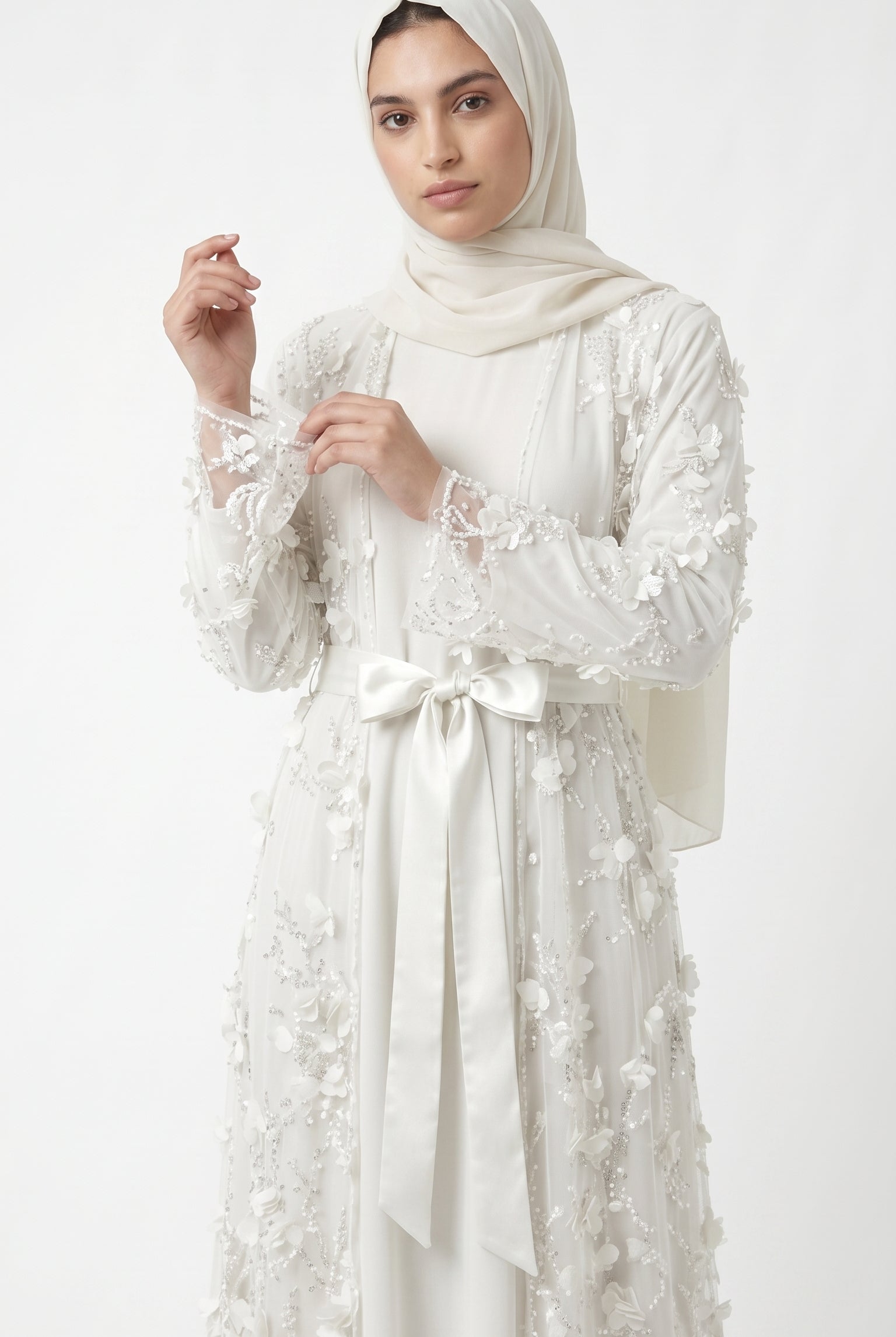 Ivory Pearl & 3D Floral Embellished Open Abaya with Satin Belt - Image 4