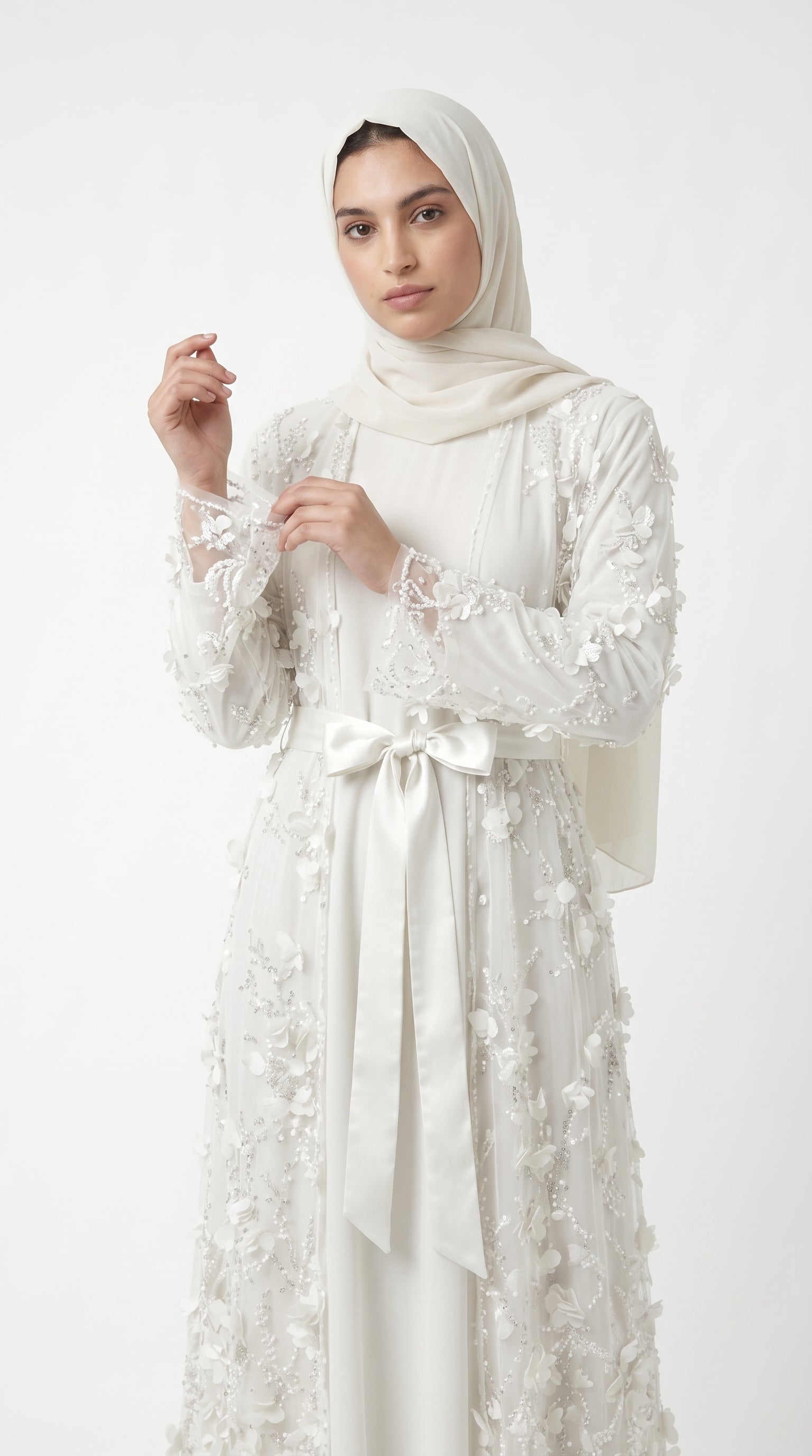 Ivory Pearl & 3D Floral Embellished Open Abaya with Satin Belt - Image 4