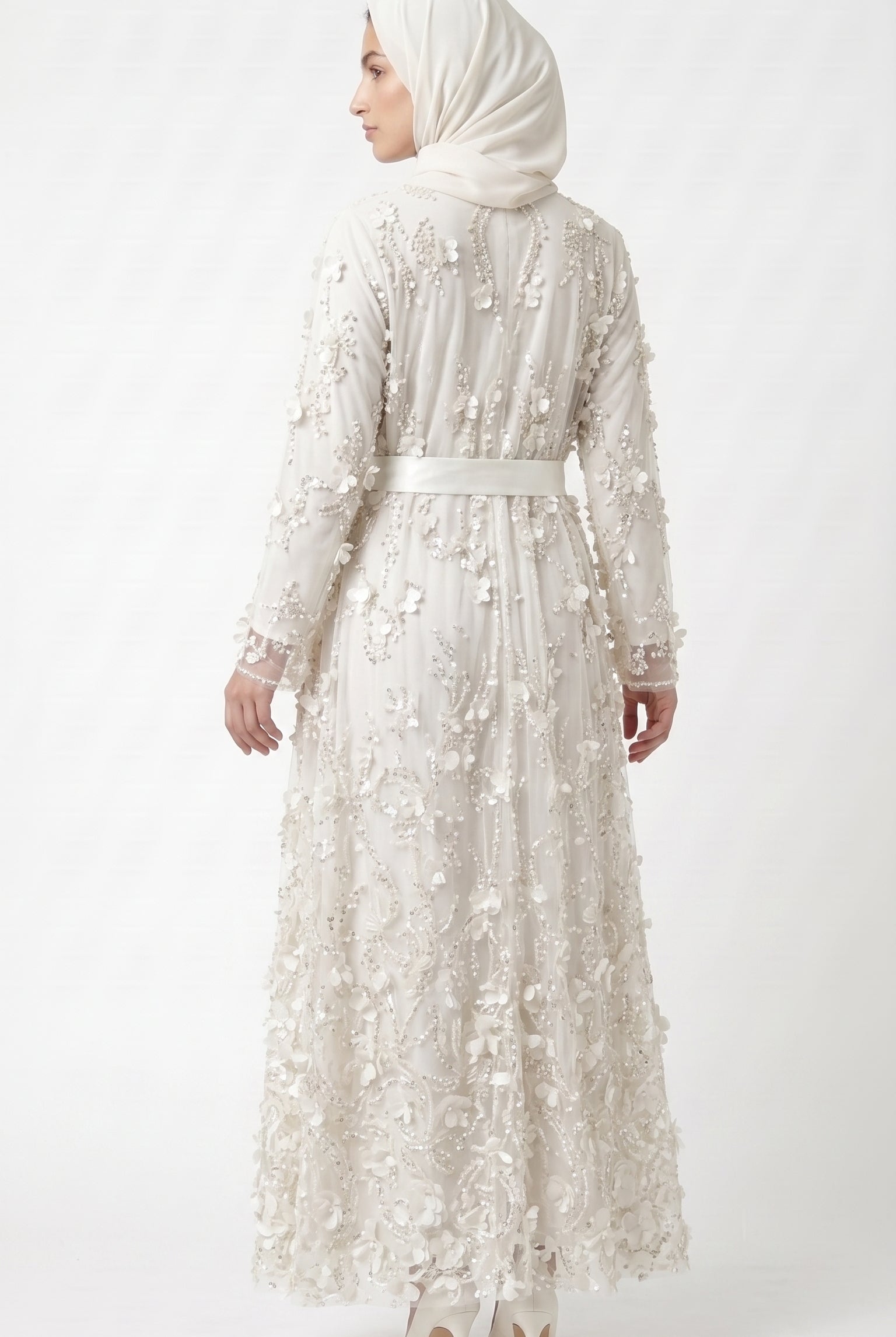 Ivory Pearl & 3D Floral Embellished Open Abaya with Satin Belt - Image 5