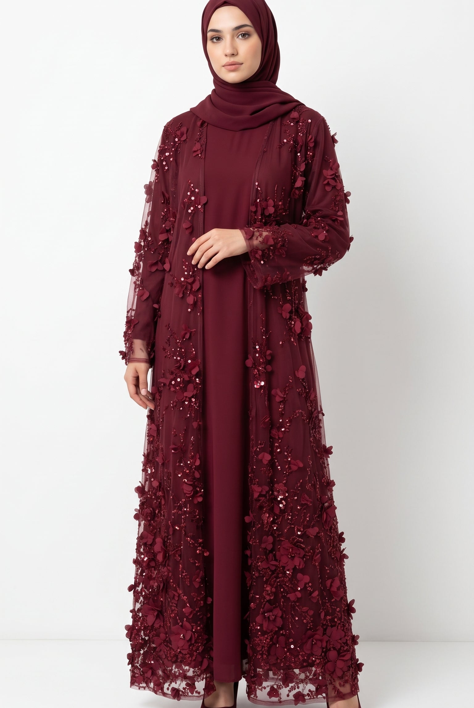 Burgundy 3D Floral Sequin Embellished Open Abaya with Satin Belt - Image 4