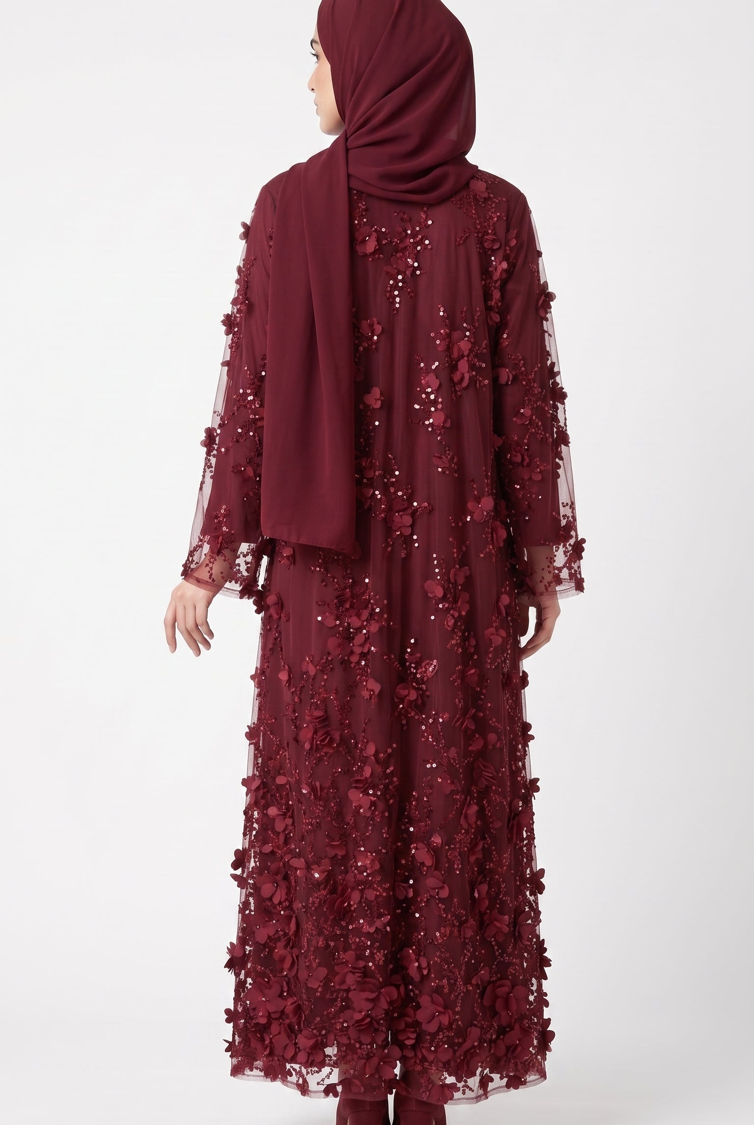 Burgundy 3D Floral Sequin Embellished Open Abaya with Satin Belt - Image 6