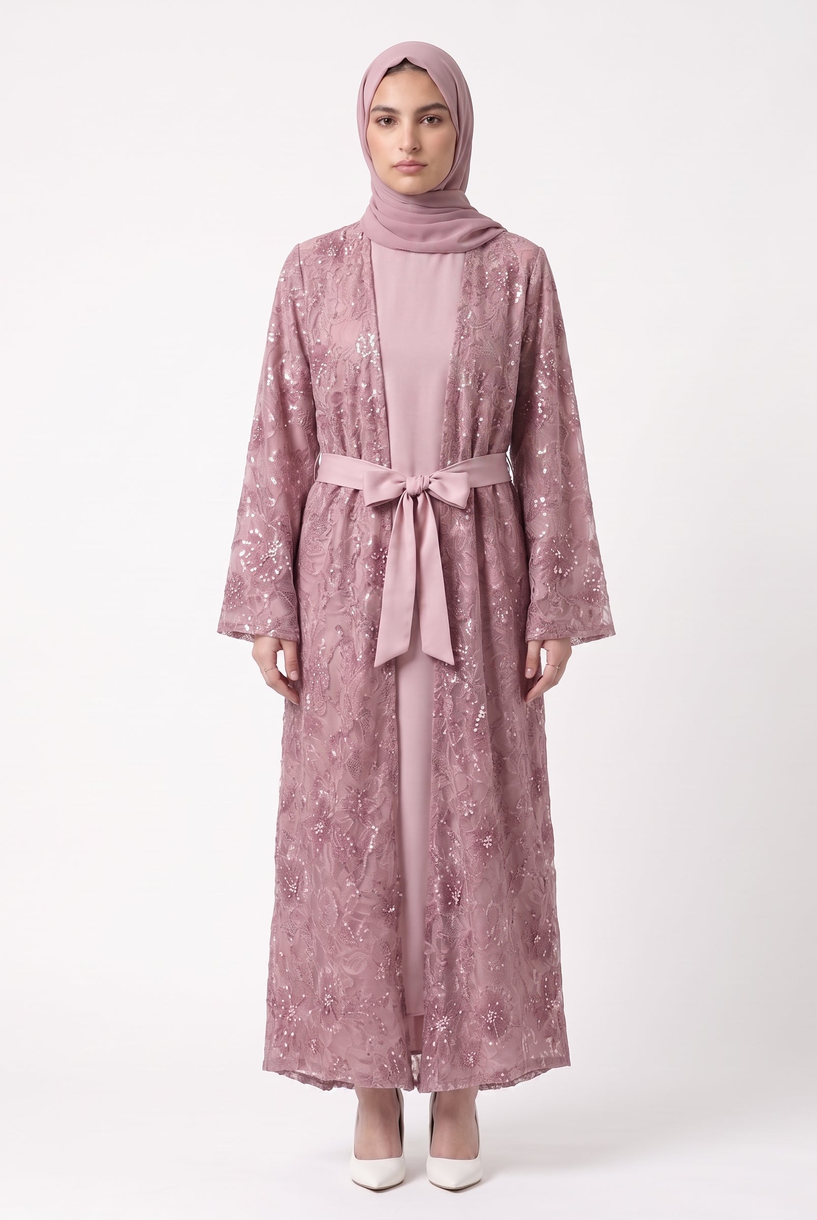 Premium Floral Open Abaya with Satin Belt - For Women - Image 4