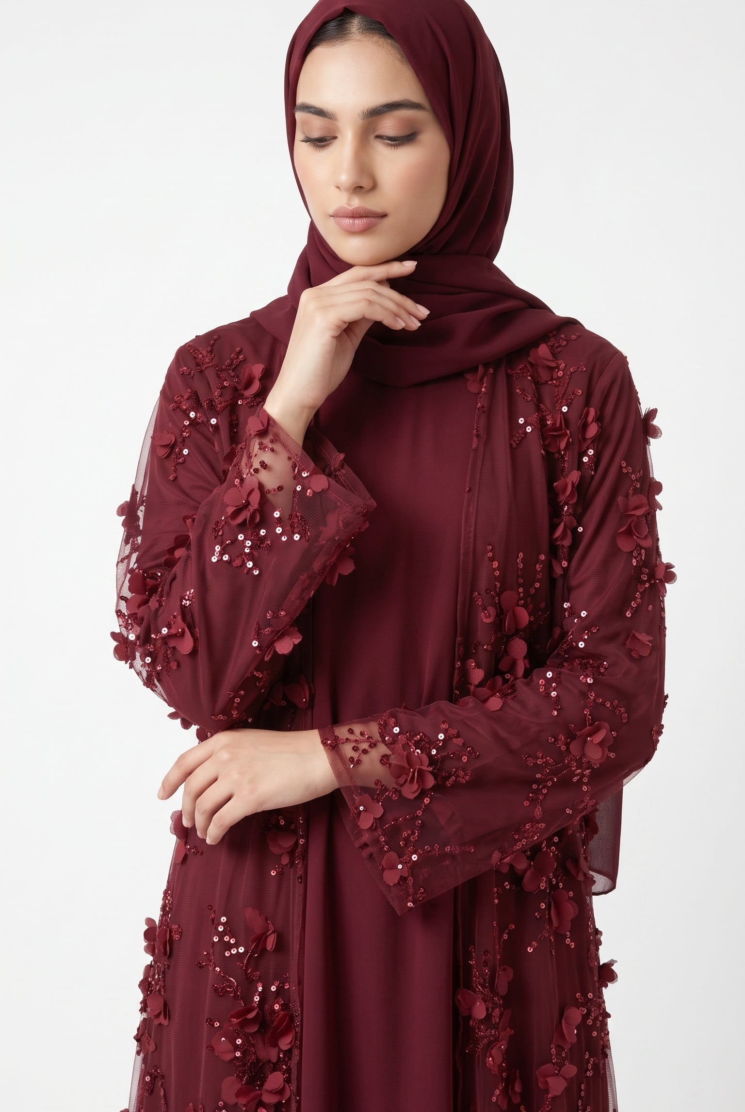 Burgundy 3D Floral Sequin Embellished Open Abaya with Satin Belt - Image 3