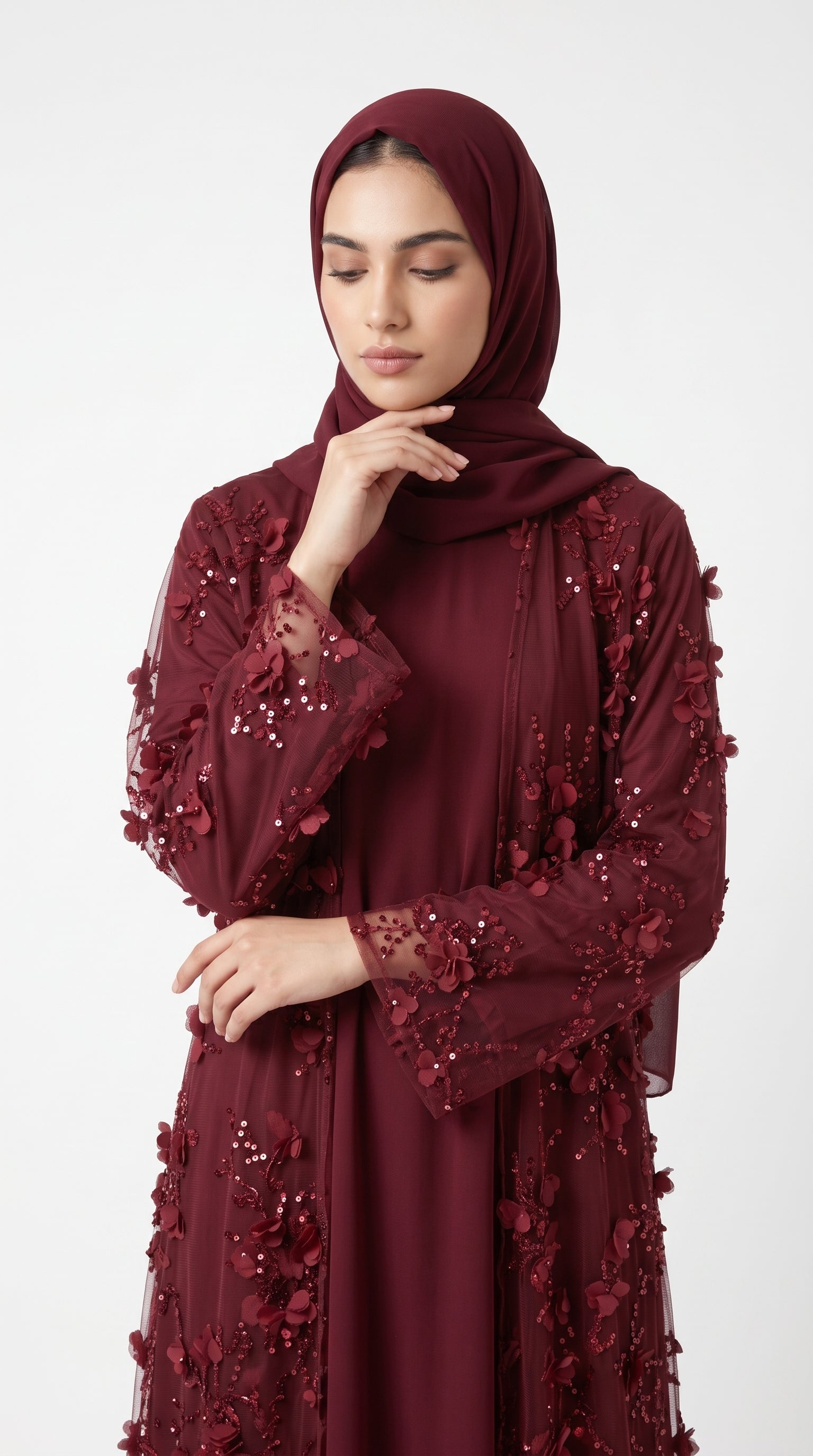 Burgundy 3D Floral Sequin Embellished Open Abaya with Satin Belt - Image 3