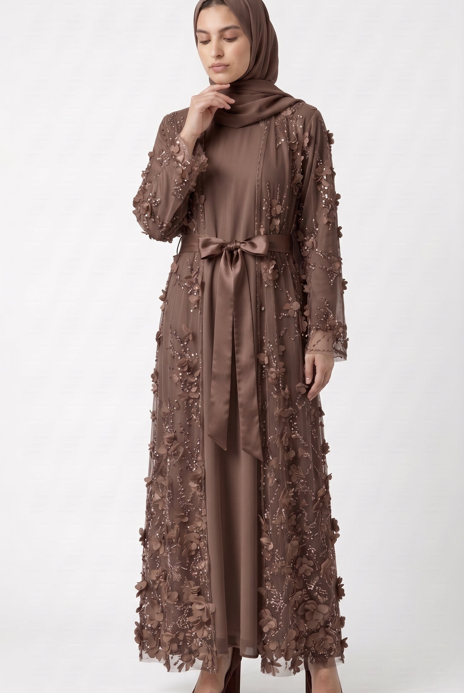 Mocha 3D Floral Embellished Open Abaya with Satin Belt - Image 1