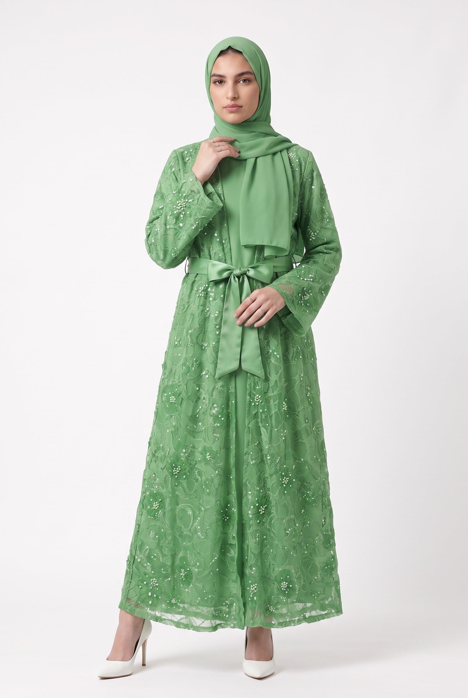Classic Floral Open Abaya with Satin Belt - For Women - Image 2