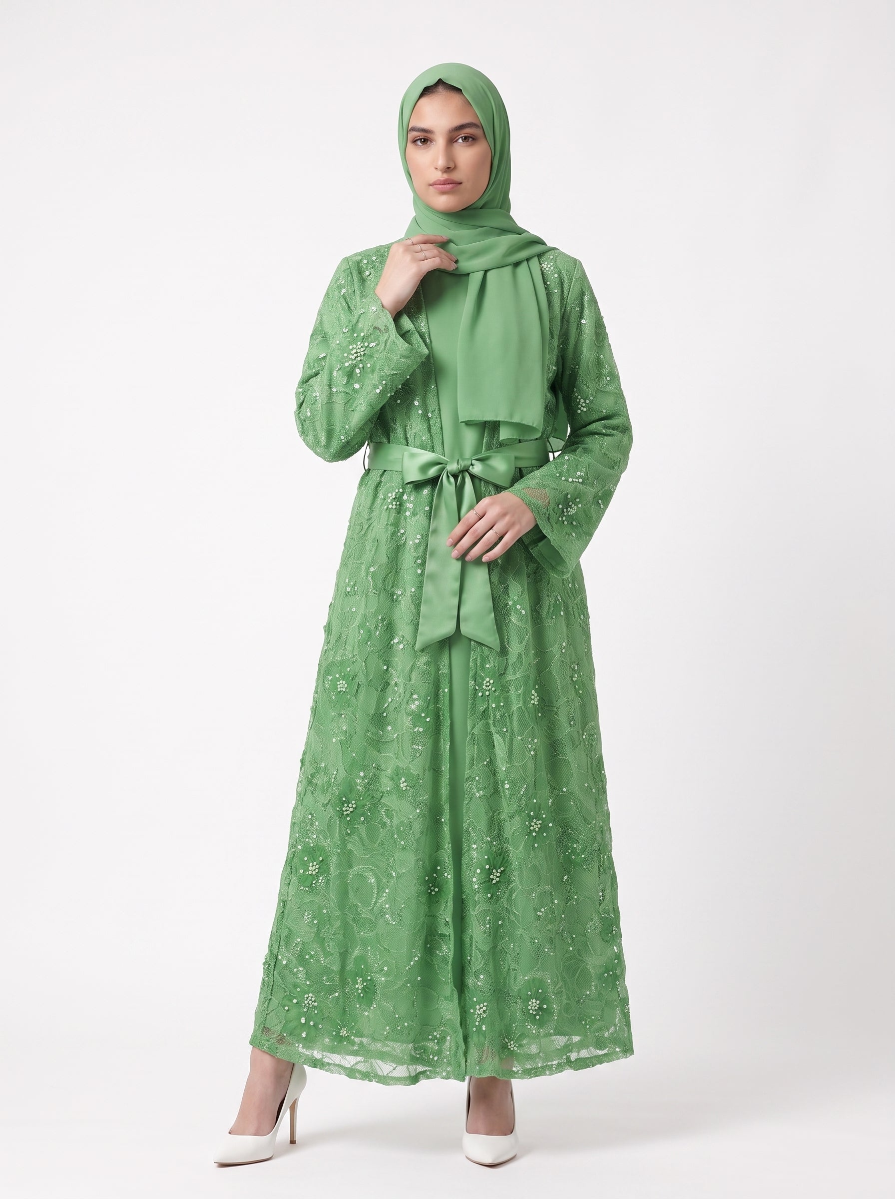 Classic Floral Open Abaya with Satin Belt - For Women - Image 2
